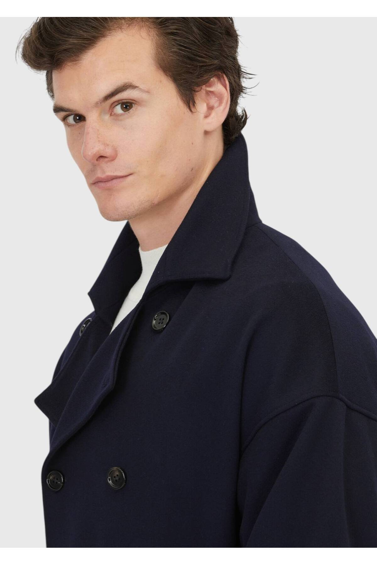 Ramsey Lacivert Oversize Fit Kruvaze Yaka Casual Dokuma Palto görsel 5