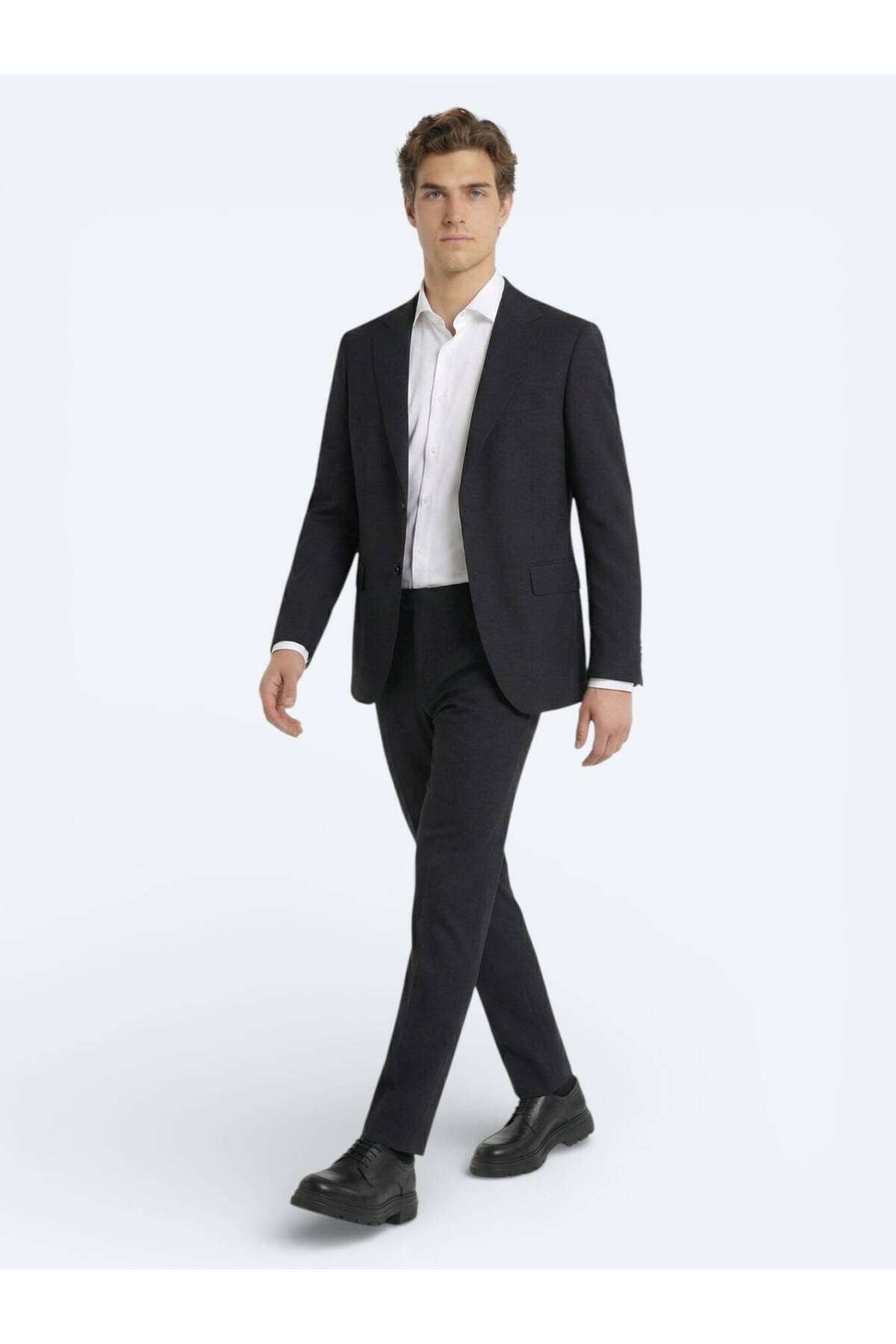 Kip Antrasit Düz Modern Fit Yün Karışımlı Takım Elbise görsel 2