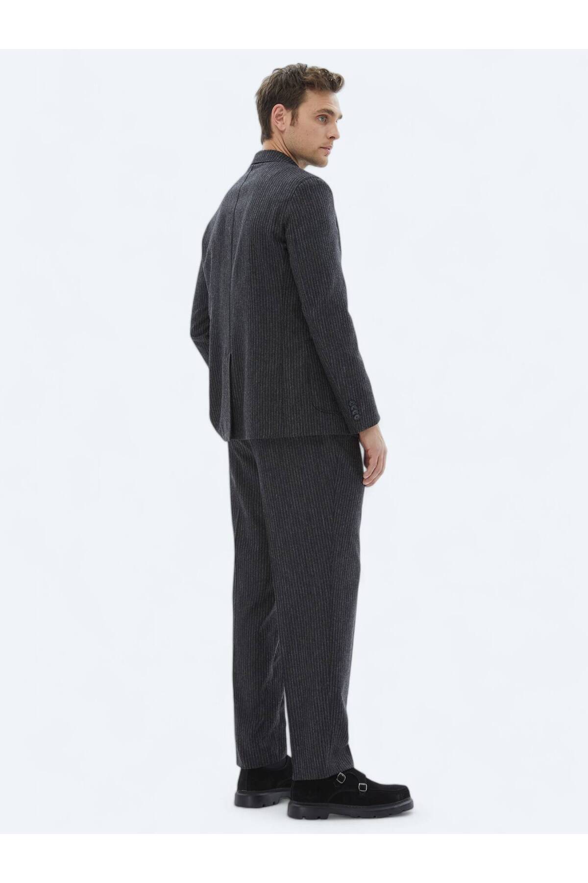 Kip Antrasit Çizgili Modern Fit Yün Karışımlı Takım Elbise görsel 7