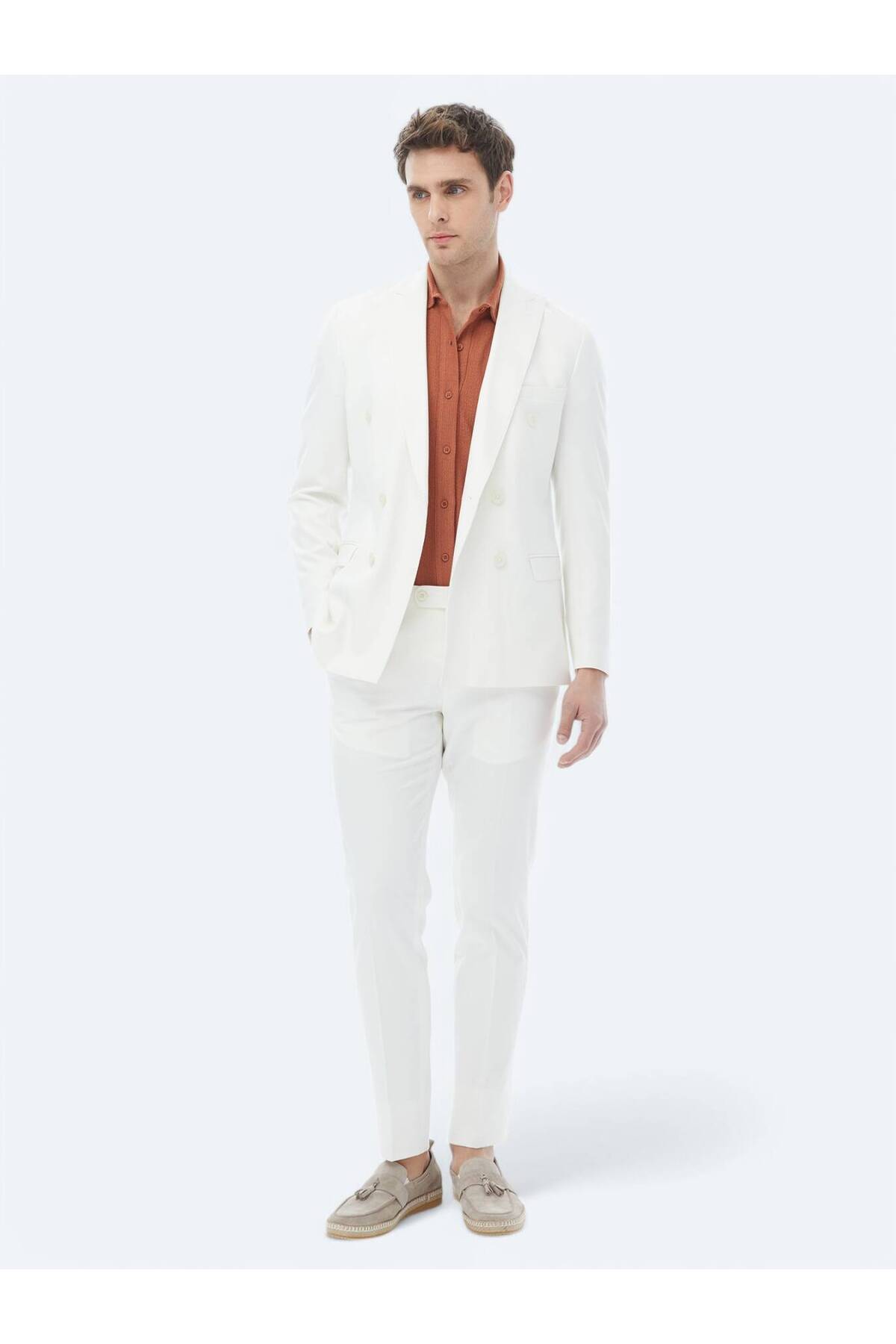 Kip Ekru Düz Slim Fit Takım Elbise görsel 3