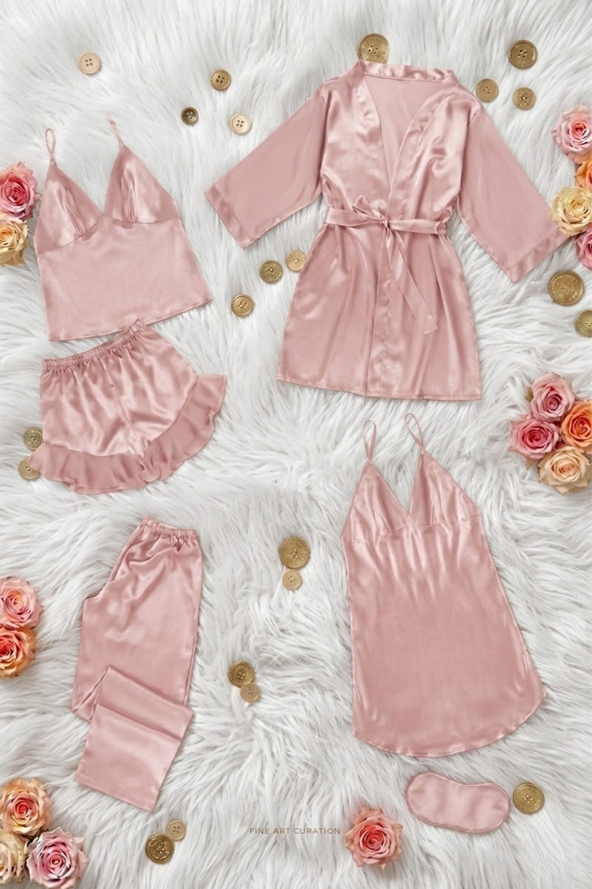 ZENCHES Kadın 6 Parça Çeyiz Seti -Saten Şortlu Gecelik,Saten Pijama Takımı ve İç Giyim Seti