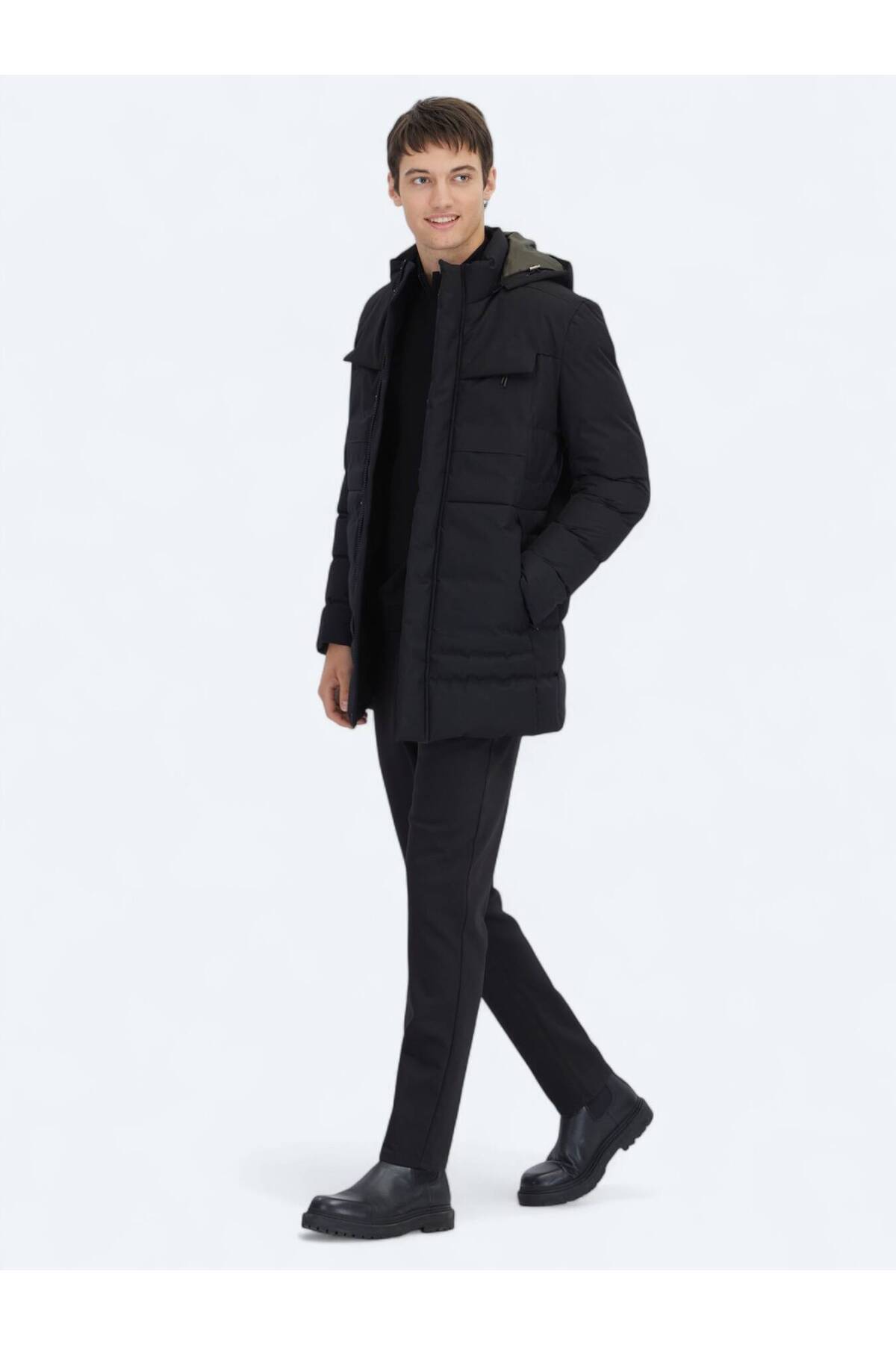 Kip Siyah Regular Fit Kapüşonlu Casual Dokuma Kaban görsel 3