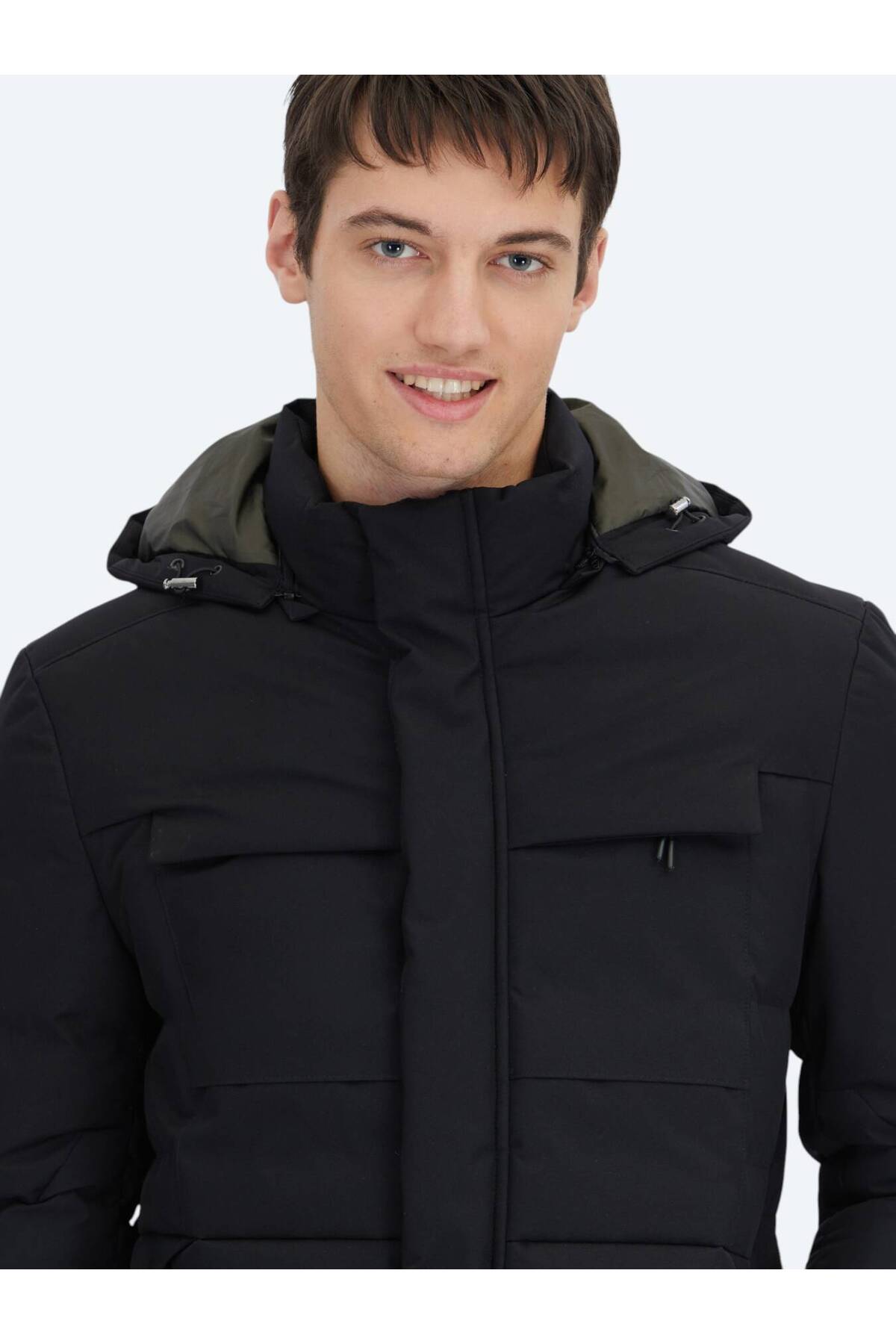 Kip Siyah Regular Fit Kapüşonlu Casual Dokuma Kaban görsel 5