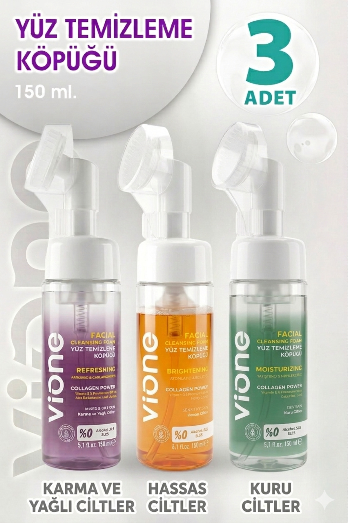 vione 3lü Set Yüz Temizleme Köpüğü 150ml Özel Fırçalı — PR01413