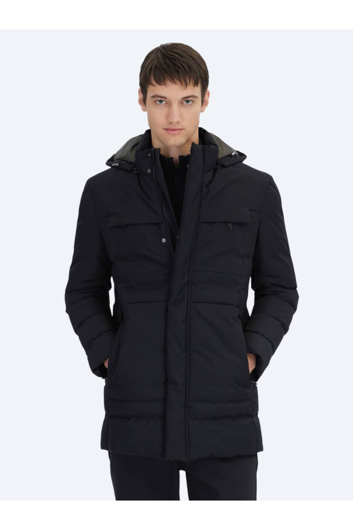 Kip Siyah Regular Fit Kapüşonlu Casual Dokuma Kaban