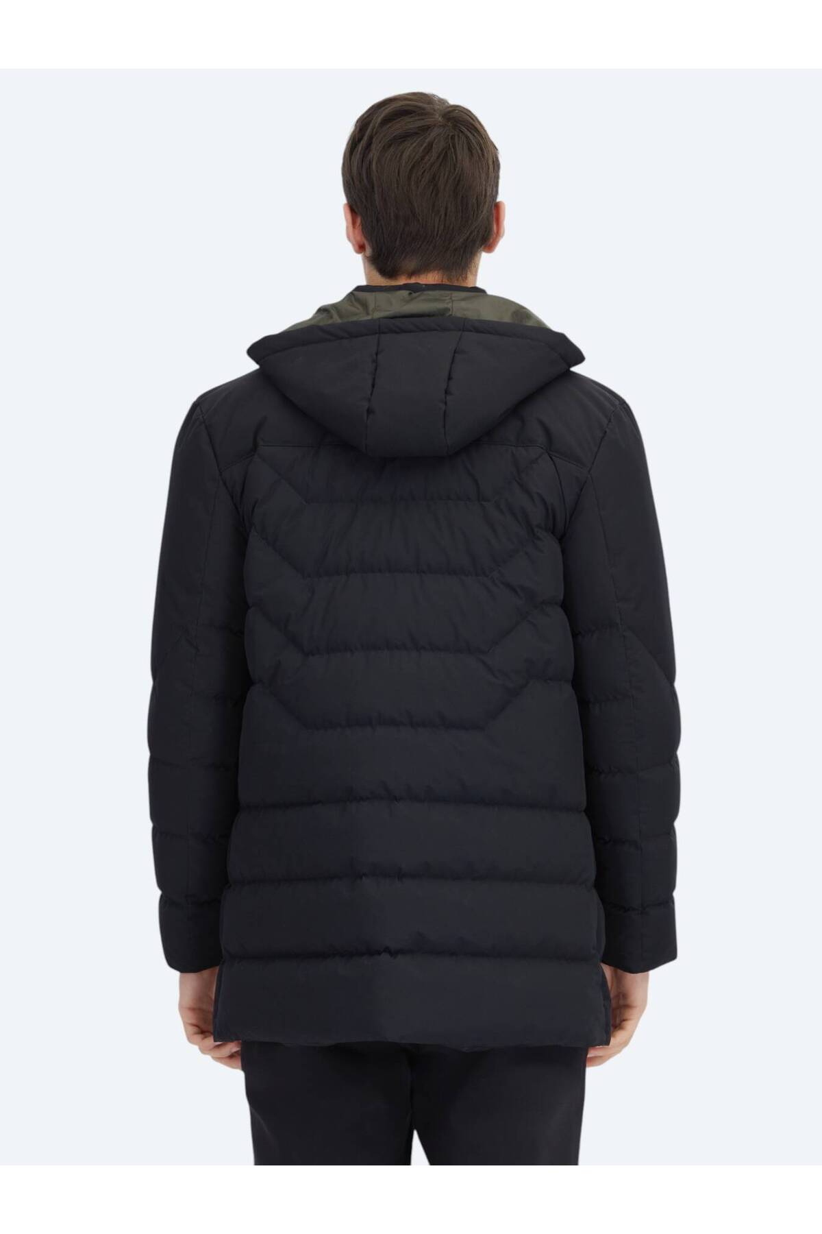 Kip Siyah Regular Fit Kapüşonlu Casual Dokuma Kaban görsel 7