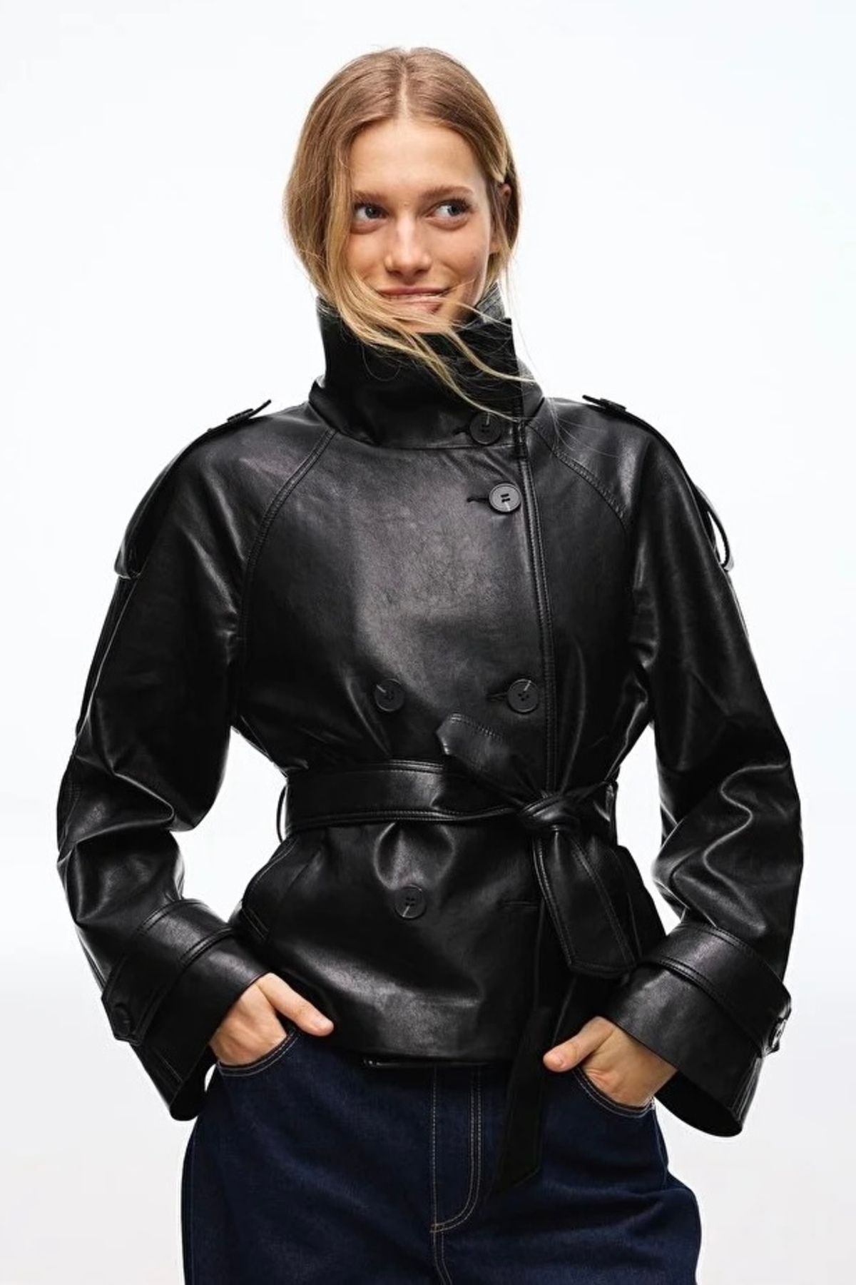 Moderk  BSK Suni Deri Dik Yaka Astarlı Kadın Deri Ceket Trenç Trençkot