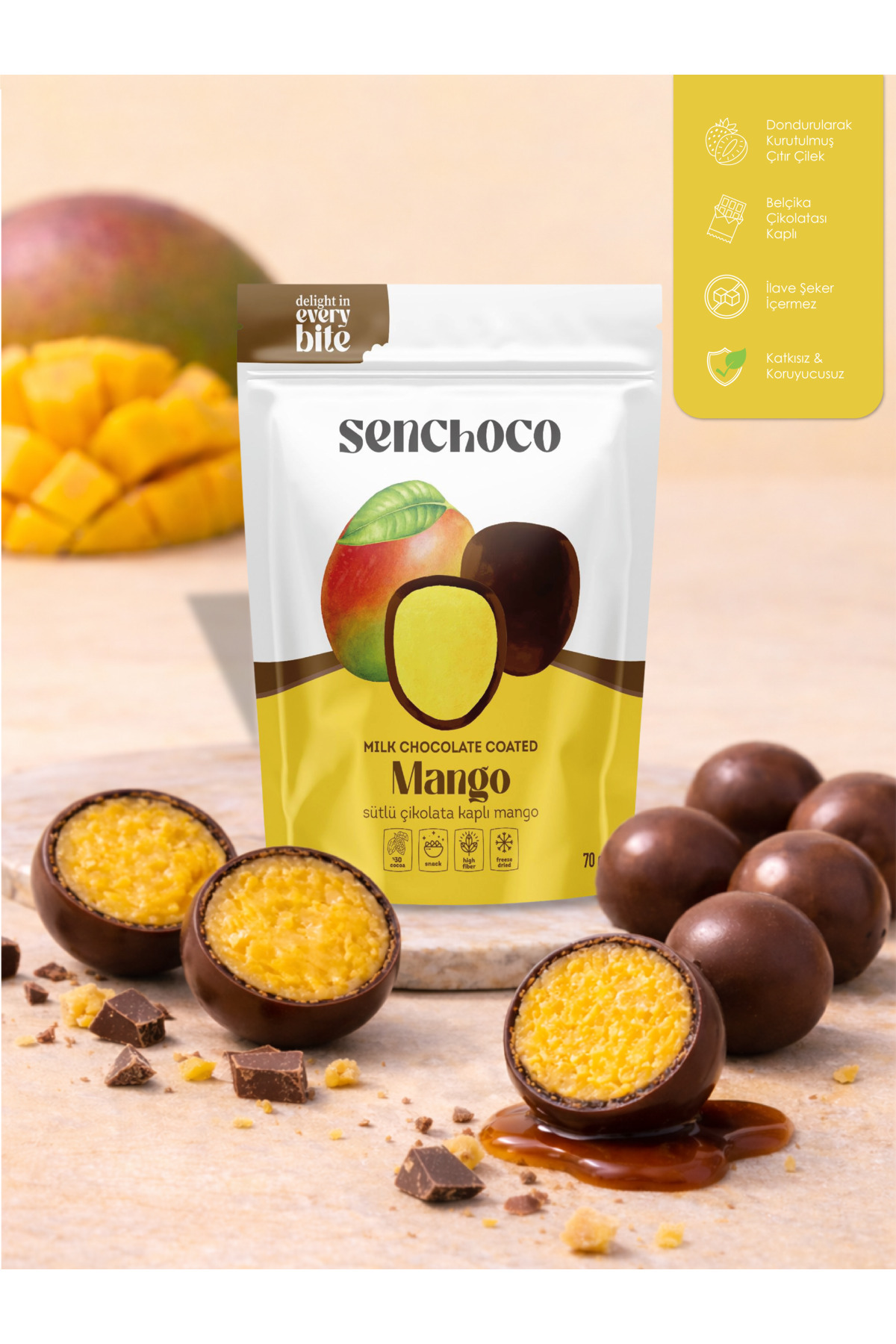 SENChOCO Sütlü Çikolata Kaplı Dondurularak Kurutulmuş Mango