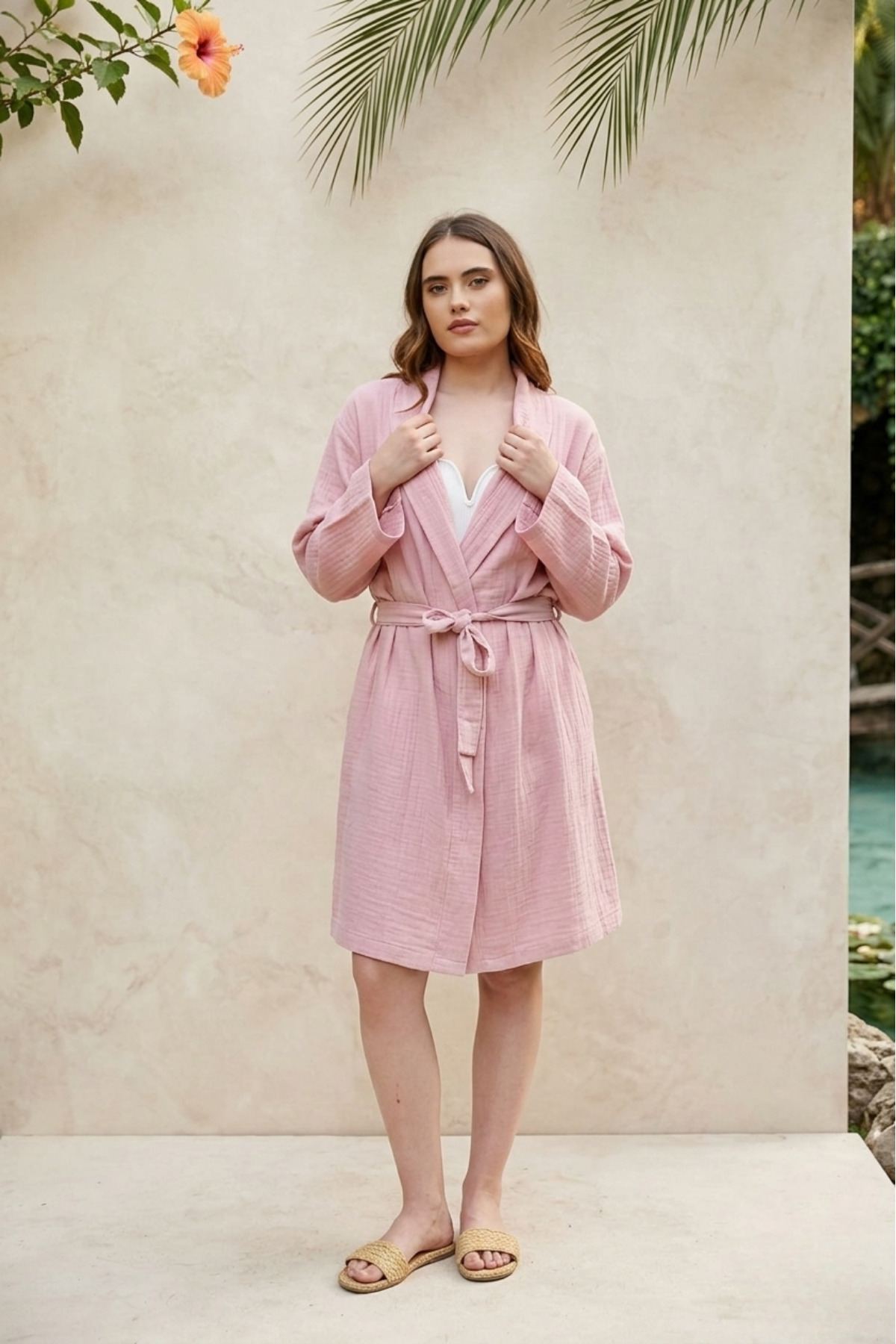 Cotton Short Hooded Muslin Women's Bathrobe Pink