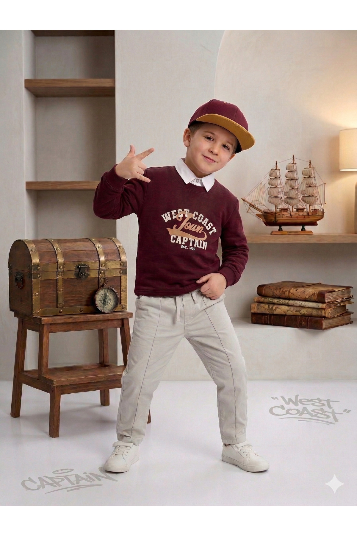 tinytrends Erkek Bebek&Çocuk West Coast Tour 3'lü Takım Sweatshirt Gömlek Pantolon Bayramlık fotoğrafı 3 (önizleme)