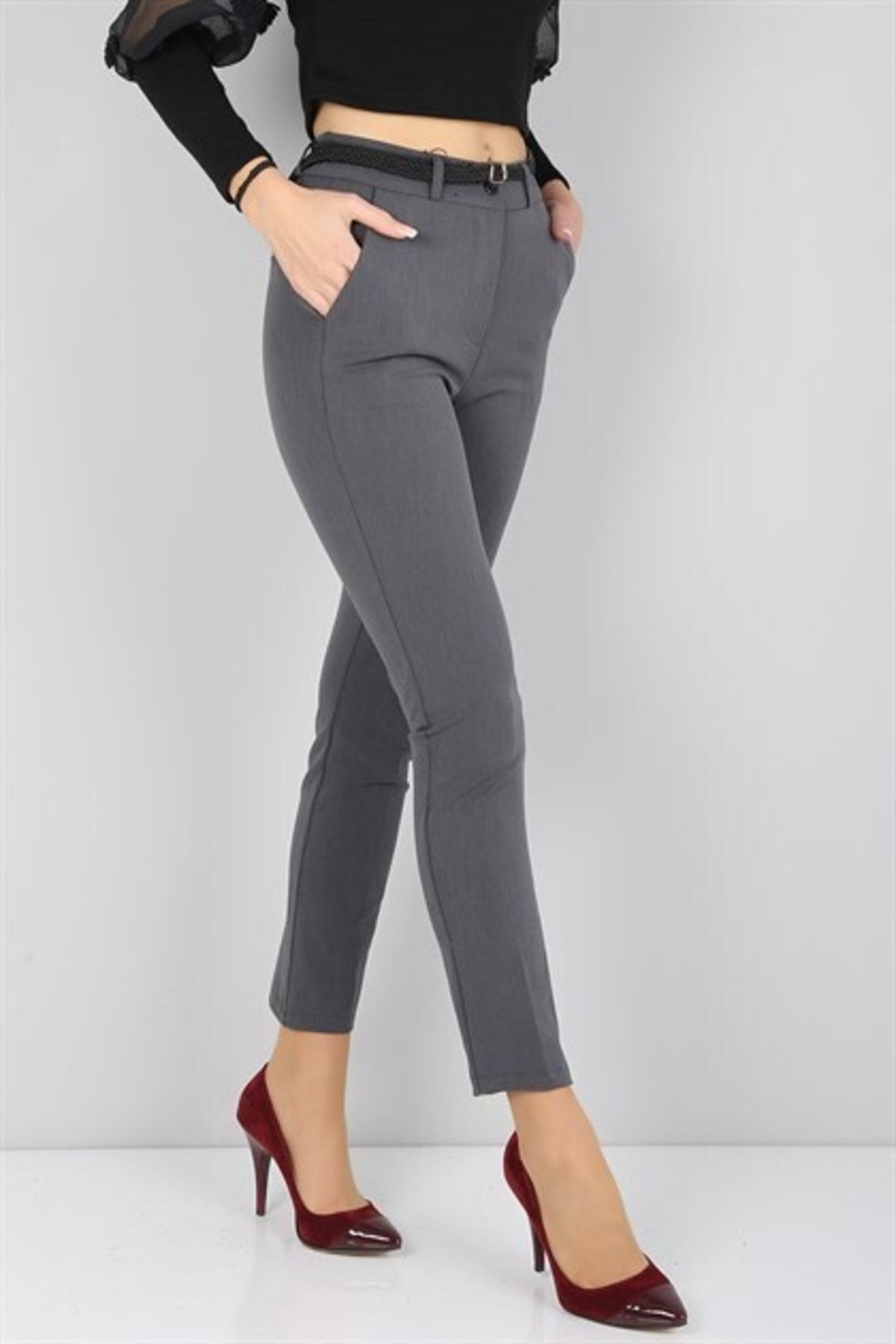 Canseven Fashion  Kadın Yüksek Bel Kalem Kesim Paça Boyu Uzun Kumaş Gri Pantolon