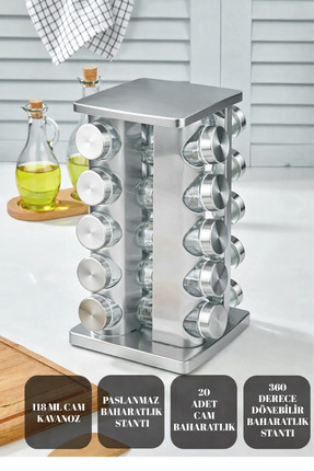 MAKRİ HOME 360 Dönebilen Paslanmaz Stantlı Cam Baharat Seti-20 Li Baharatlık-...
