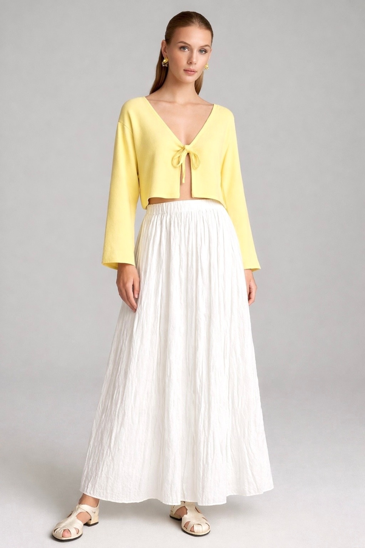 Kahra Collection  Beyaz Vual Kumaş Kırışık Uzun Astarlı Crush Etek
