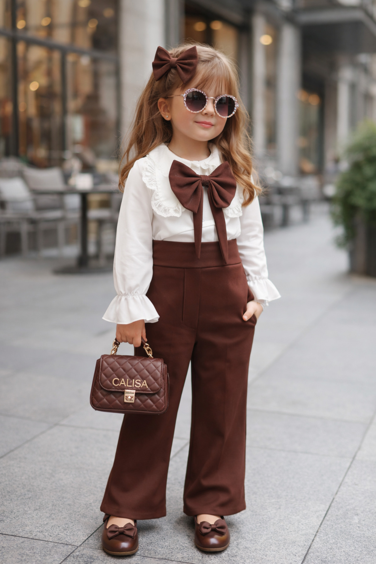 Girls' Holiday Set Bowtie Blouse Pants Stylish Outfit 2-12 Years