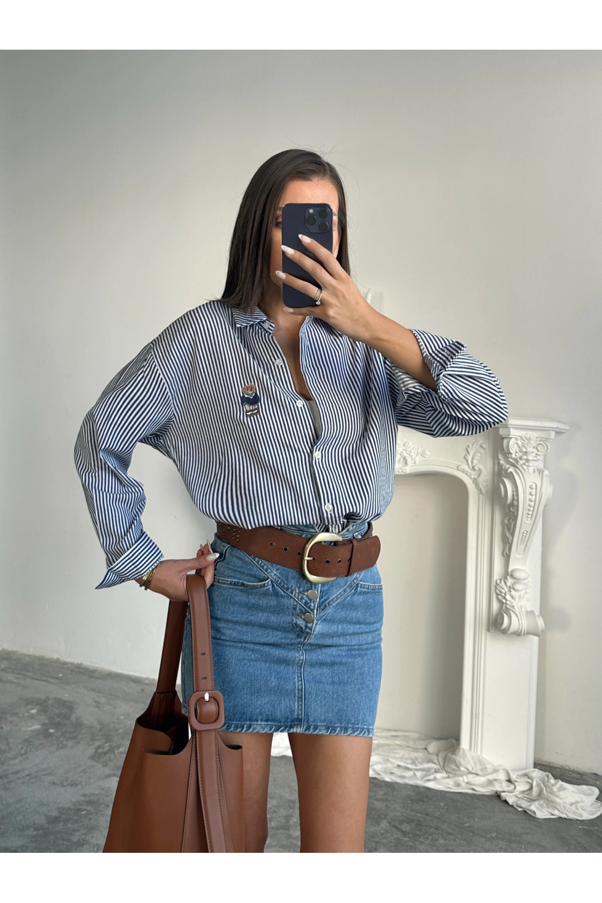 mydukkan.co  Bear Nakışlı Çizgili Gömlek - Lacivert - Görsel 4