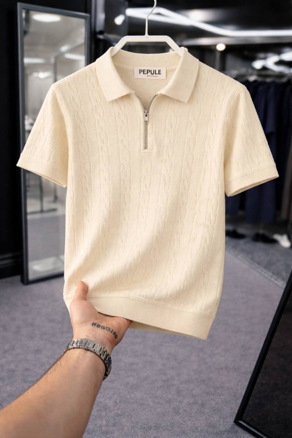 Men's Polo Neck Knit Pattern Knitwear Regular Cotton Multicolor T-shirt