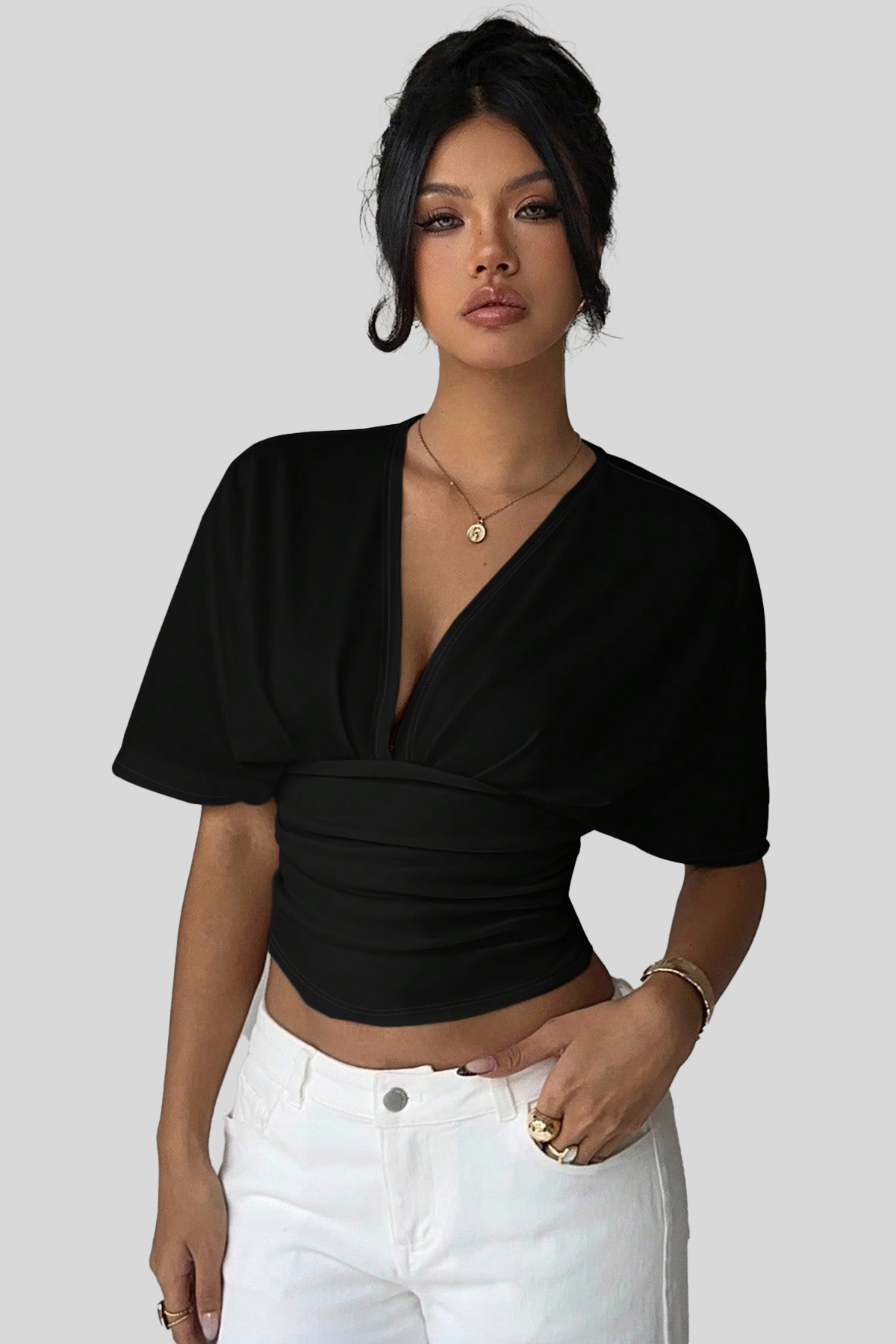 Edela  V Yaka Kolları Salaş Bele Oturan Yarım Kollu Esnek Kadın Bluz - Görsel 3