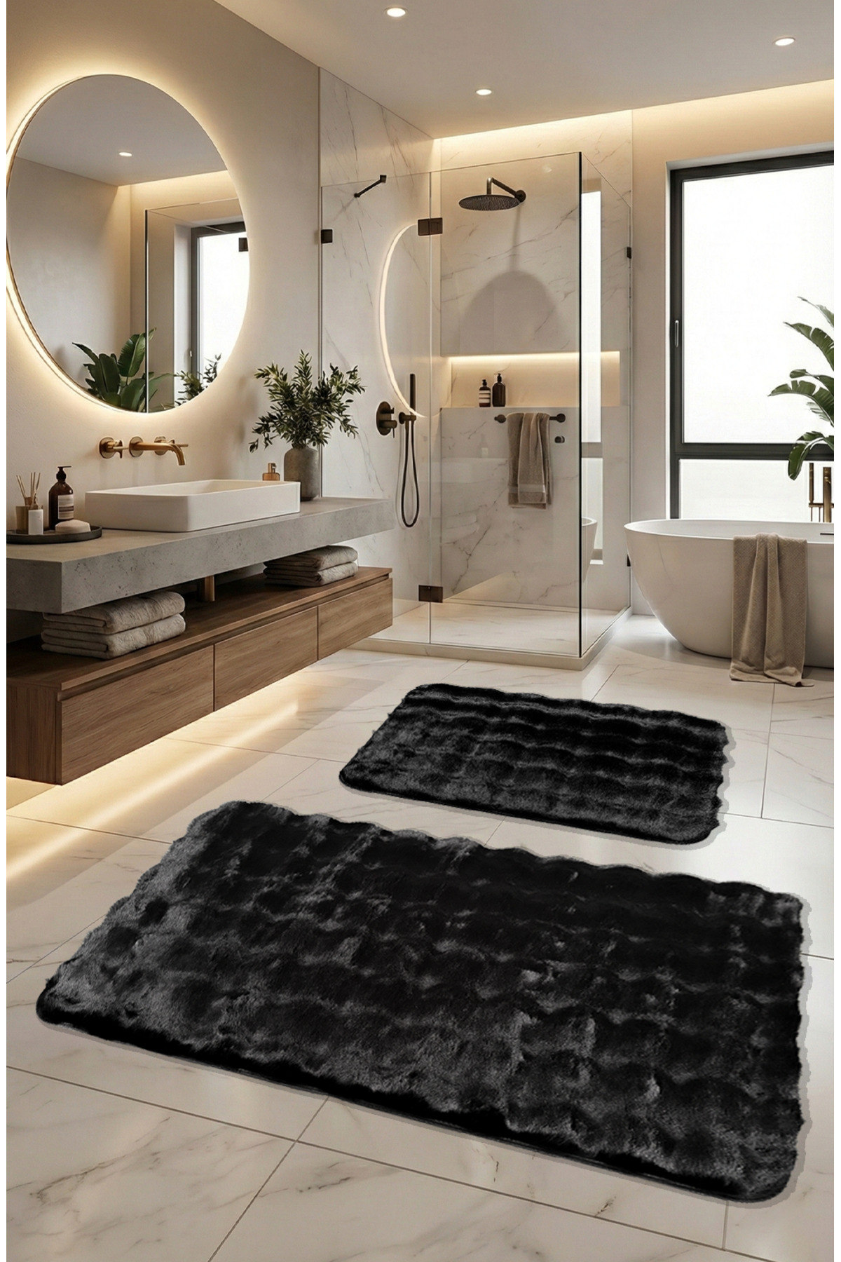 Bubble Rabbit Feather, Anti-Slip Base, Fluffy, Ultra Luxurious, Washable 2-Piece Bath Mat Black