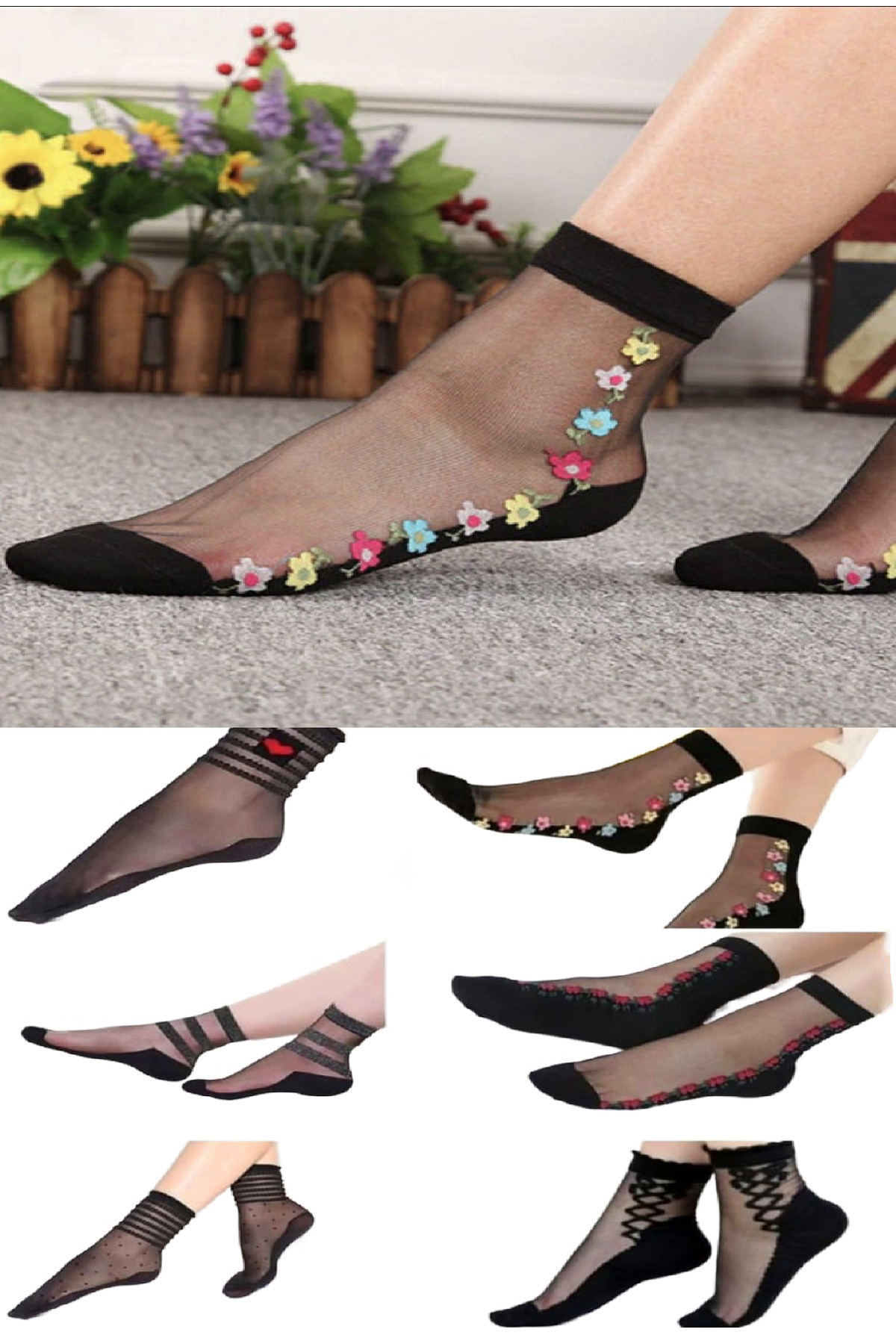Ozzy Socks 6 Çift Kadın Siyah Desenli Tül Çorap Şık Ve Zarif Günlük Tasarımlı Modern Modeller