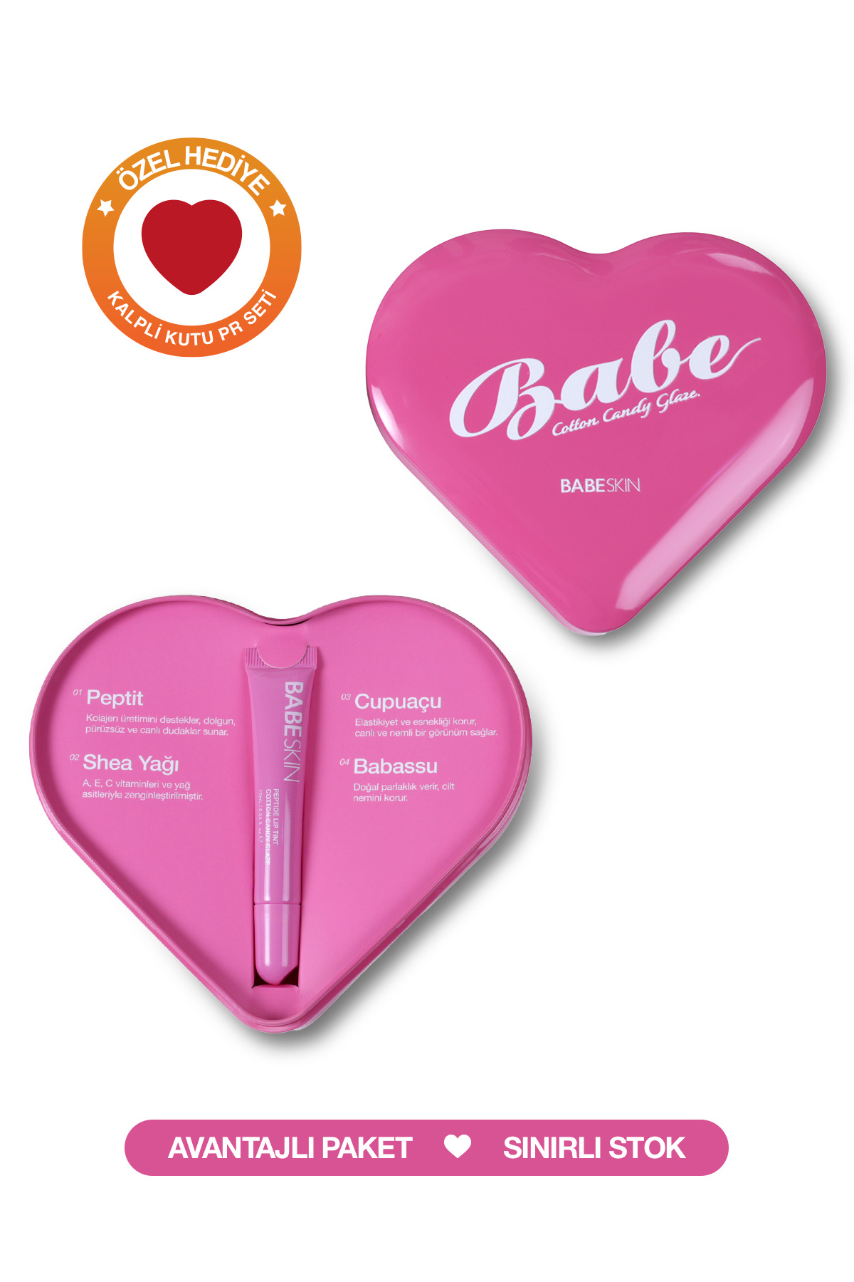 Babeskin Lip Balm Pembe Kalpli PR Kutulu I Cotton Candy Glaze I Nemlendirici I Dudak Parlatıcı I Simli Tint — set8684308586088