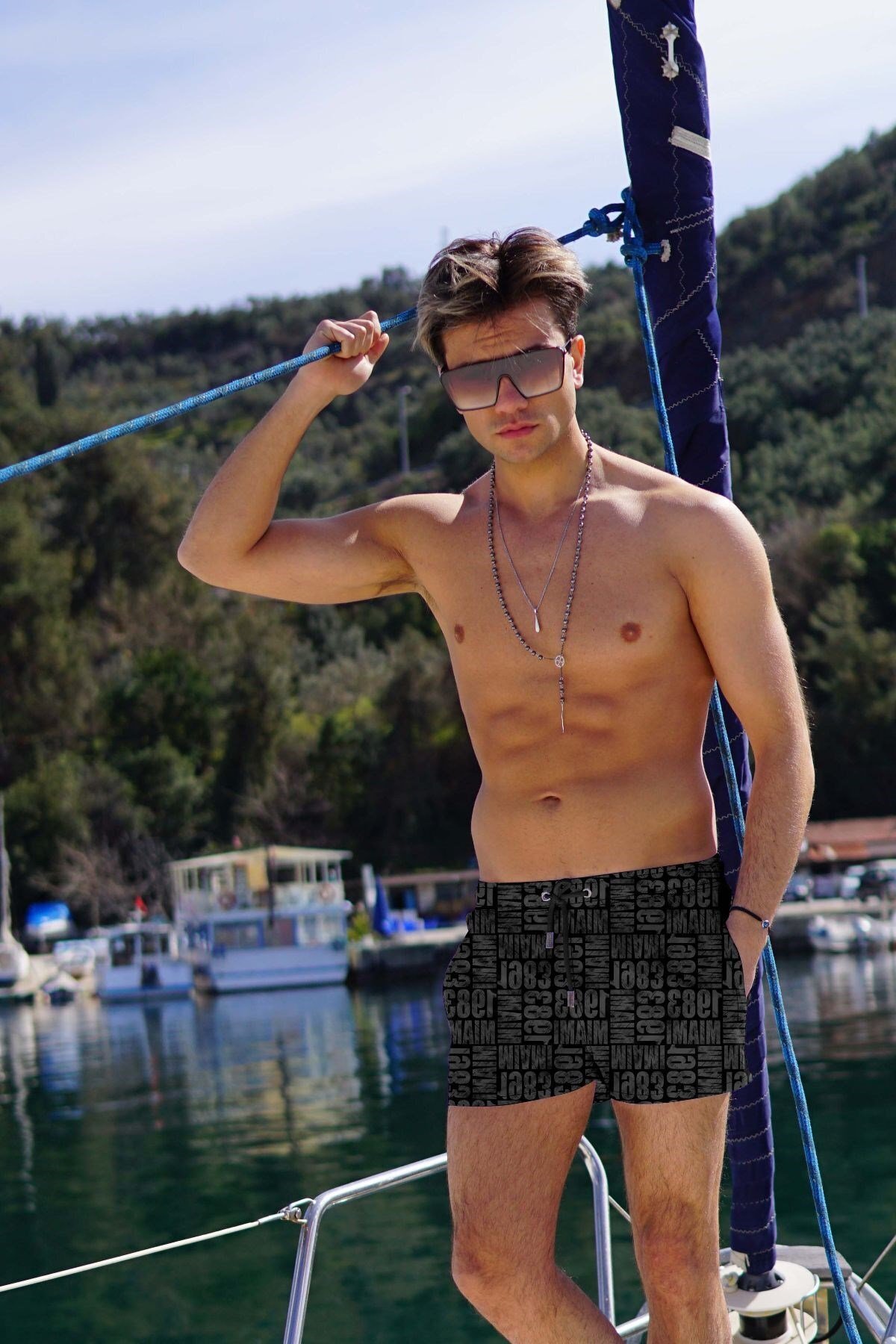 C&CITY Father Son Digital Printed Short Swim Shorts C1180-c11024 Black