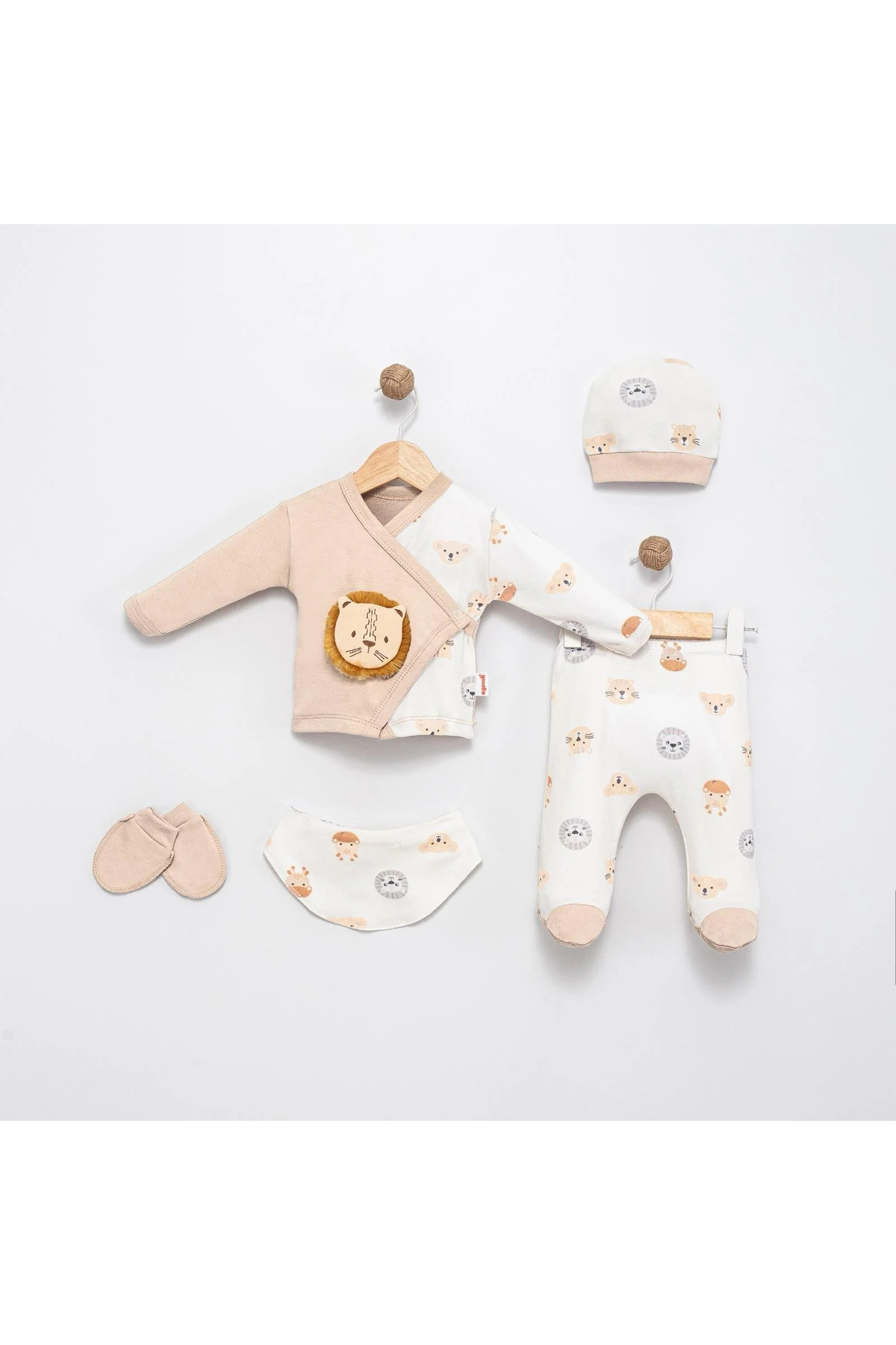 Nexvora Erkek Bebek Aslan Aksesuarlı 5’li Zıbın Takımı – 0-3 Ay Yenidoğan Pamuklu Set fotoğrafı 2 (önizleme)