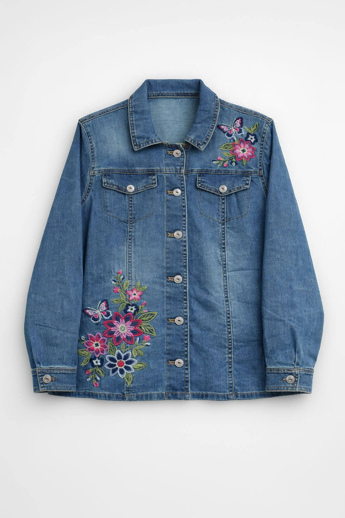 Bluewhite  Kadın Çiçek Nakışlı Likralı Mavi Denim Ceket - Görsel 2