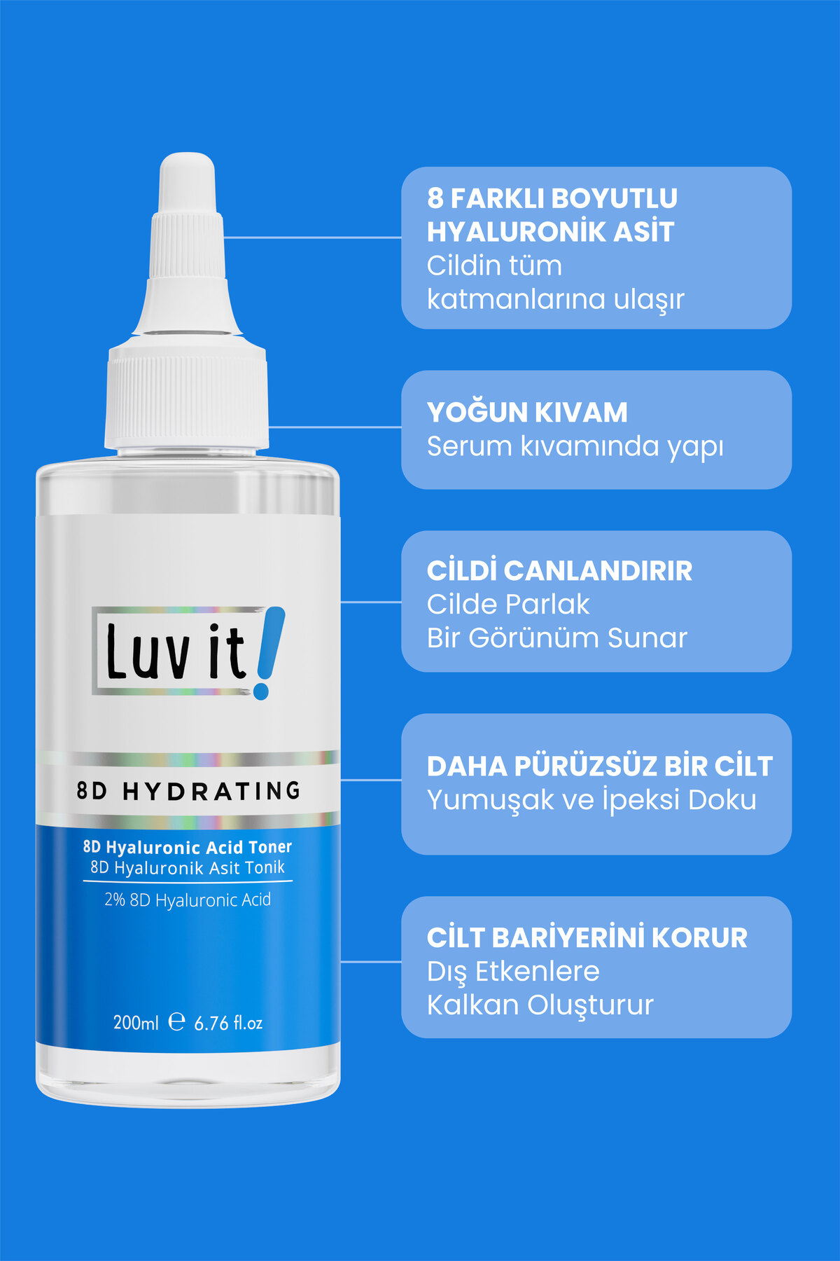 8d Yoğun Nemlendirici Hyaluronik Asit Tonik 200 ml - Derinlemesine Cilt Bakımı Ve Nem Desteği — L114 — تصویر 5 از 7