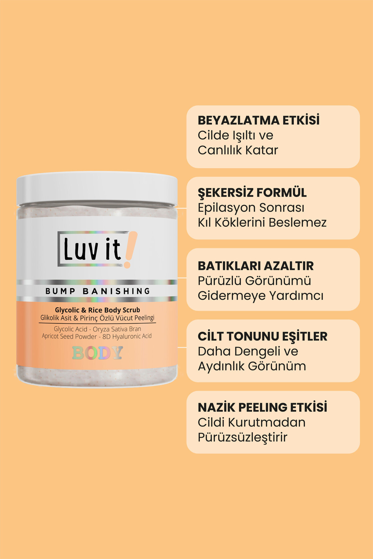 Glikolik Asit Vücut Peelingi - Pirinç Özlü Hyaluronik Asit İçeren Body Scrub 250 ml — L123 — تصویر 4 از 6