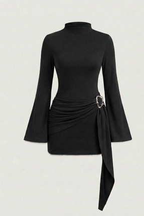 QBZ ŞIK KENDİNDEN KEMERLİ MİNİ ELBİSE