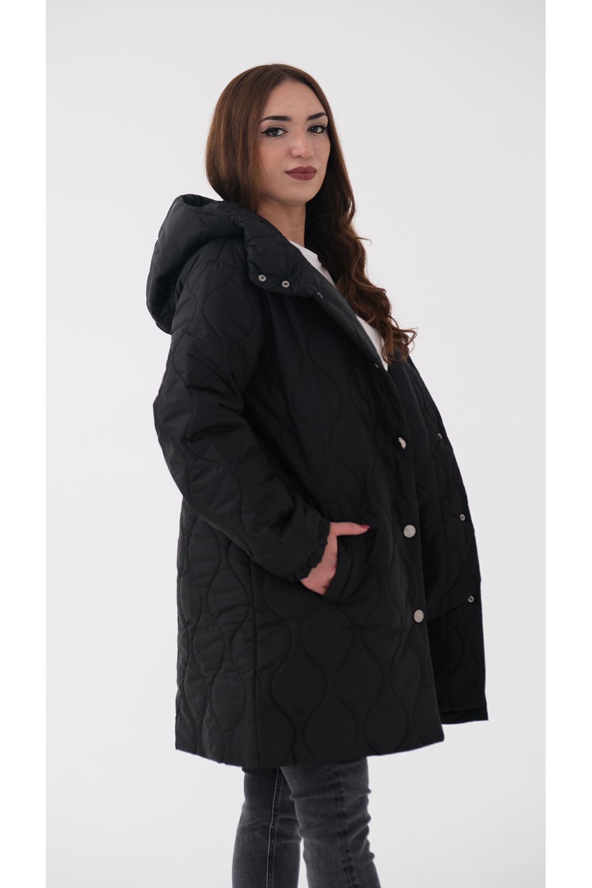 Blues Outlet  KADIN KAPÜŞONLU SOĞAN DESEN KAPİTONE MONT-SİYAH - Görsel 3