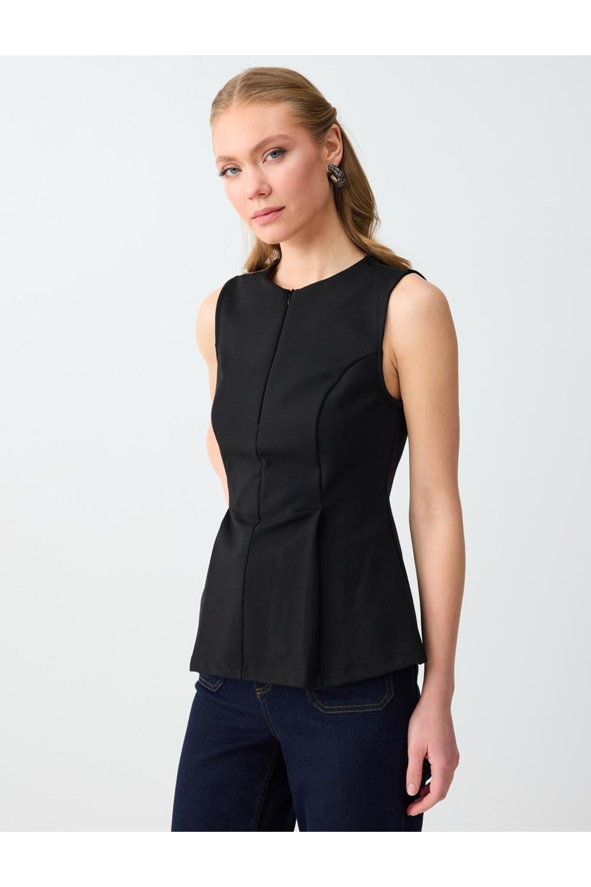 Jimmy Key  Siyah Dar Kesim Bisiklet Yaka Örme Kolsuz Bluz - Görsel 3