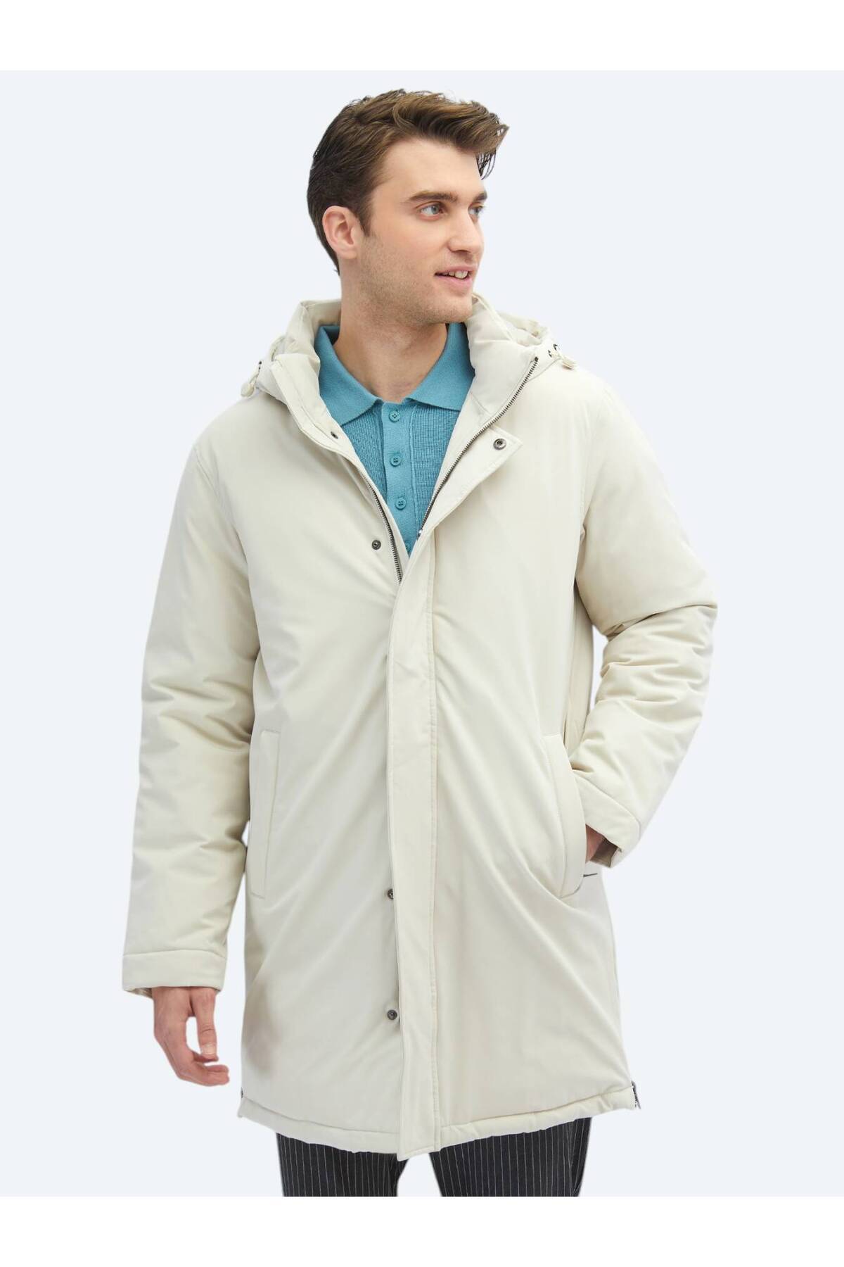 Kip Taş Comfort Fit Kapüşonlu Casual Dokuma Kaban görsel 3