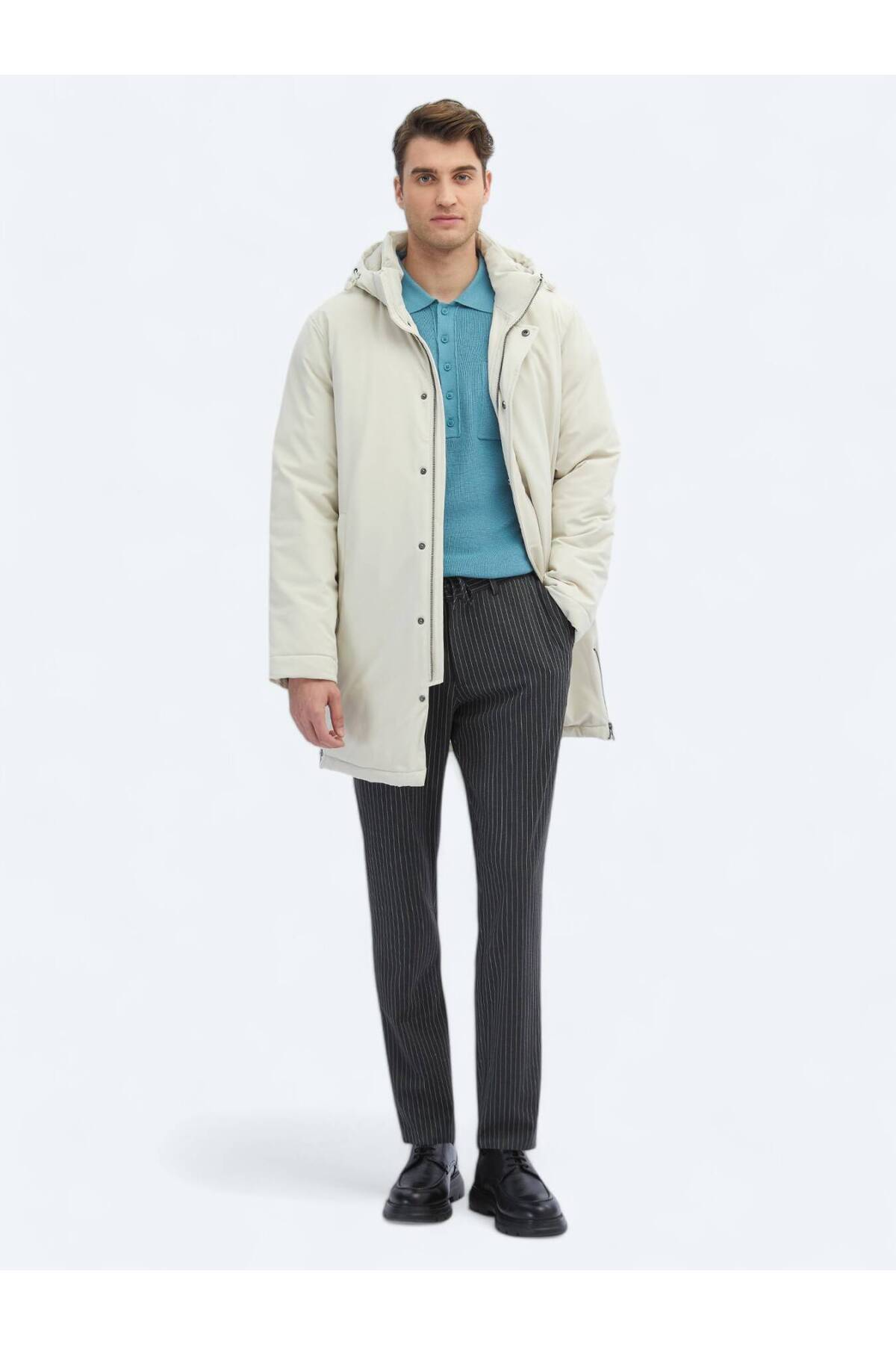 Kip Taş Comfort Fit Kapüşonlu Casual Dokuma Kaban görsel 2