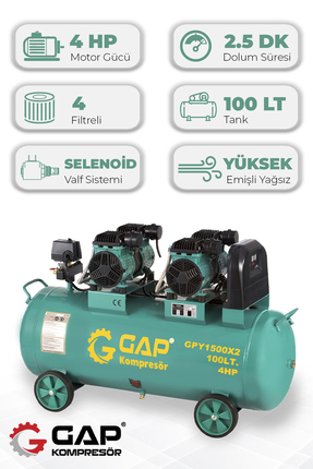 GAP KOMPRESÖR Hava Kompresörü Yüksek Emişli Yağsız Teknoloji 100 lt GPY1500x2...