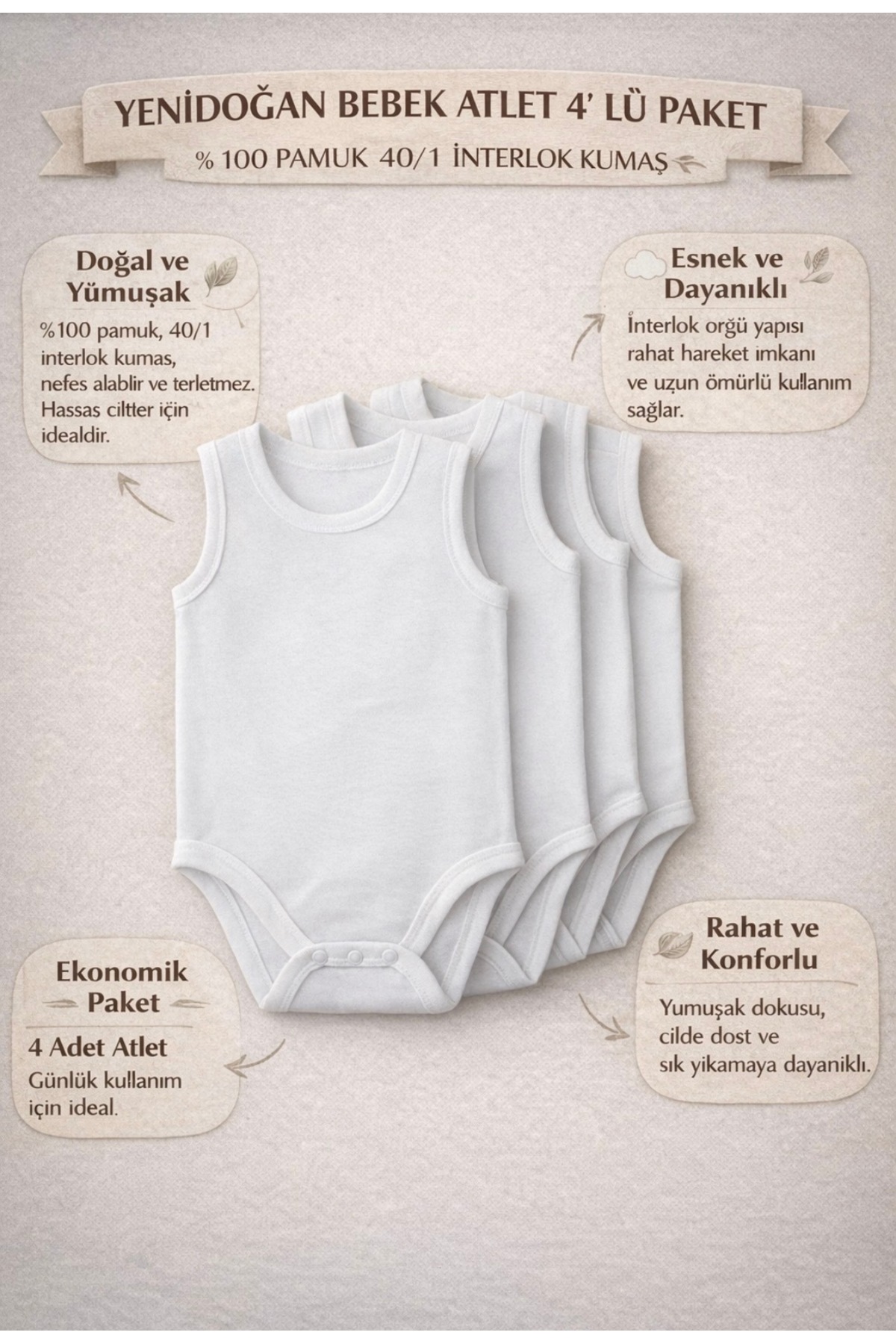 alnaymino %100 Pamuk 4'Lü Bisiklet Yaka Çıtçıtlı Body Zıbın Atlet Kız Erkek Bebek zıbın fotoğrafı 3 (önizleme)