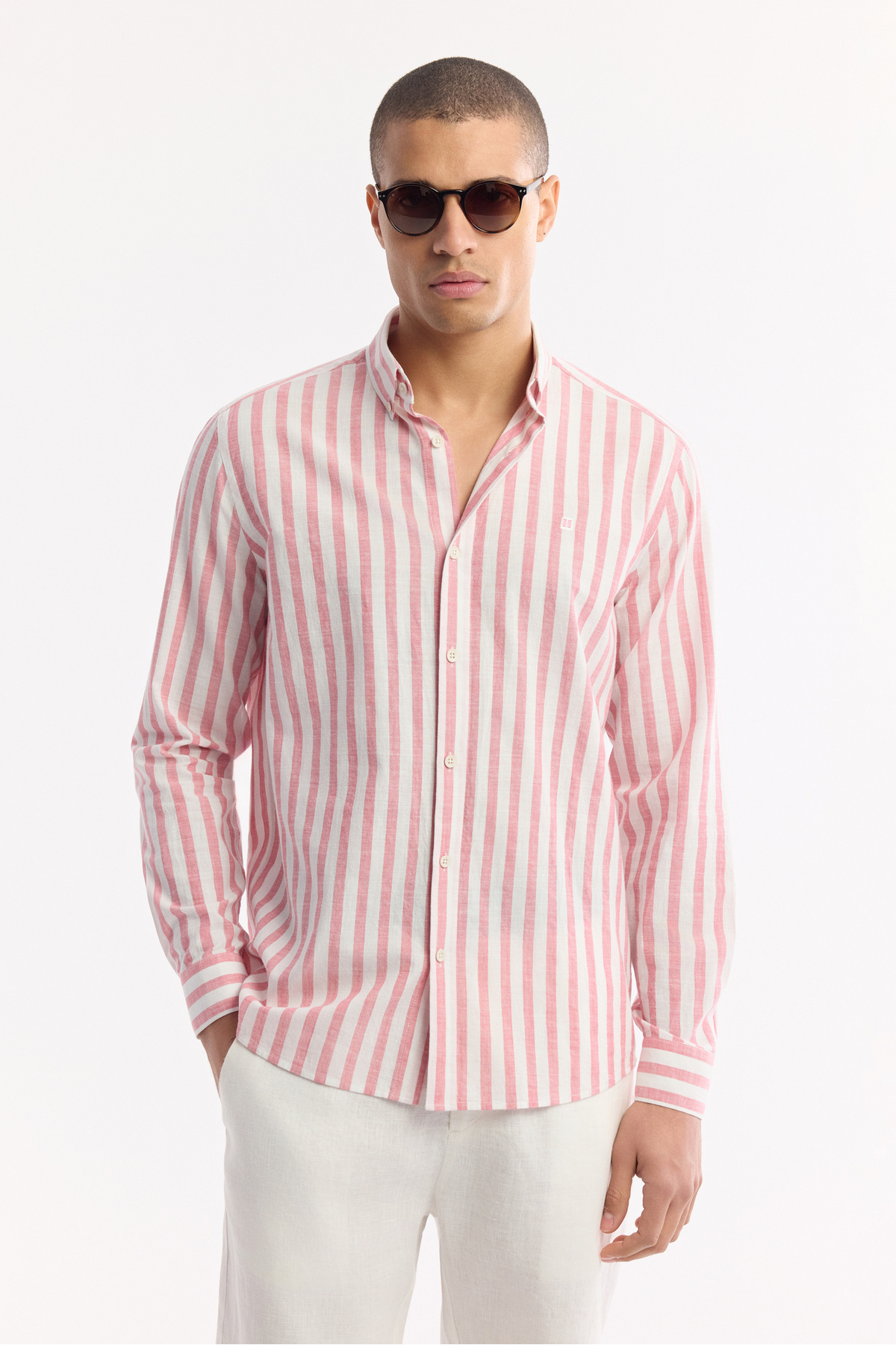 Avva  Erkek Kırmızı Düğmeli Yaka Çizgili %100 Pamuk Comfort Fit Gömlek A51Y2167 - Görsel 5