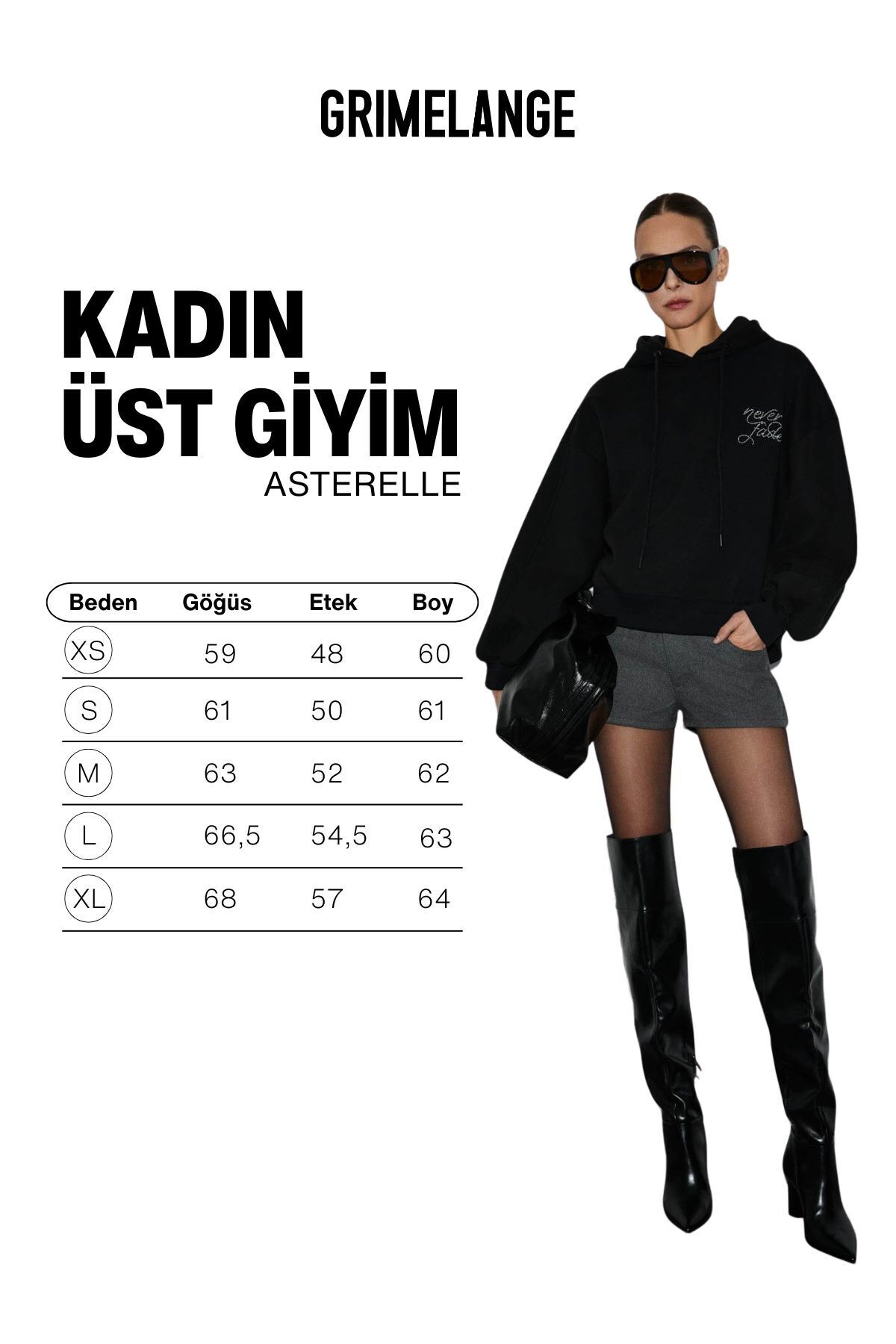 GRIMELANGE  ASTERELLE Kadın Pamuklu İçi Polarlı Oversize Kapüşonlu Sırtcı Patch Detaylı Siyah Sweatshirt - Görsel 8