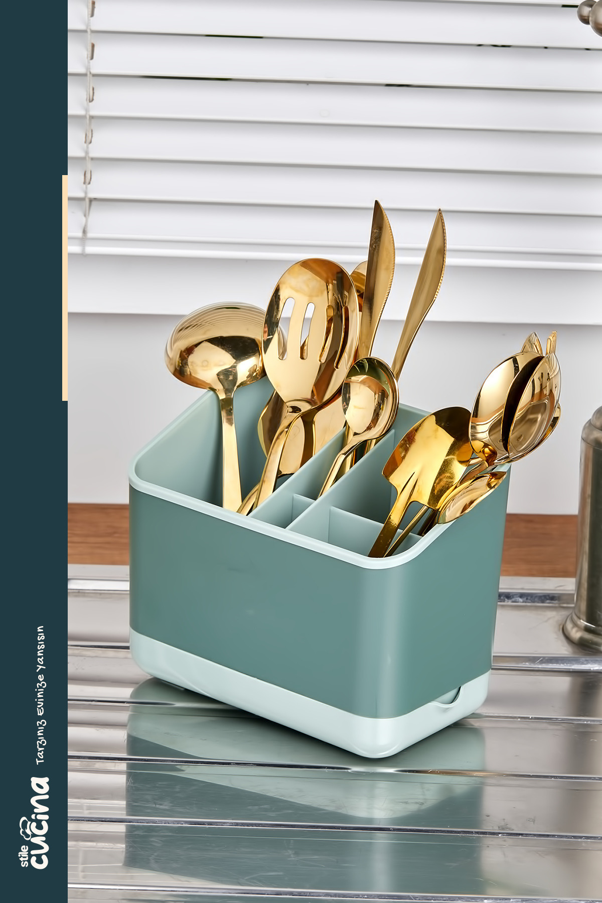 Practical Compartmented Countertop Spoon Fork Knife Dryer Green