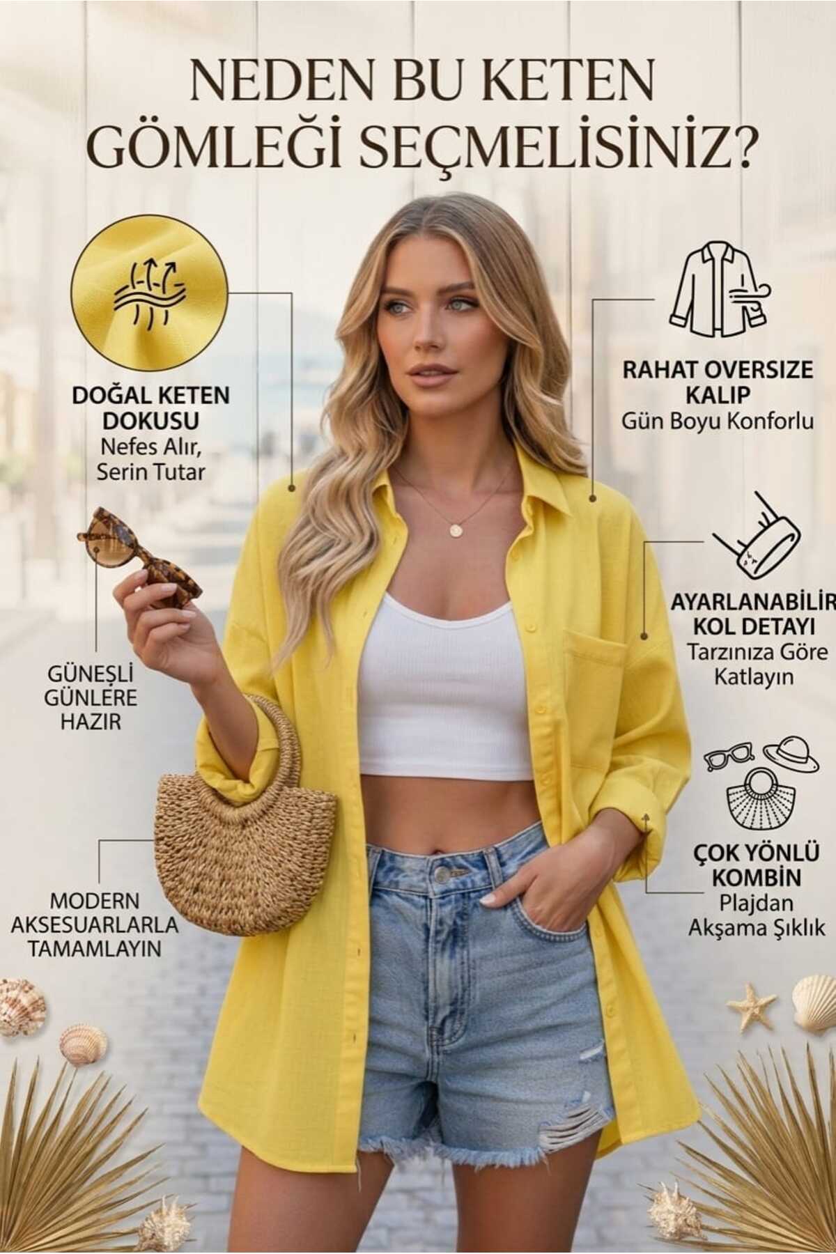 Modabenna  Sarı Oversize Yazlık Pamuk Keten Gömlek Cepli Trend Salaş Düşük Omuz Kadın - Görsel 3