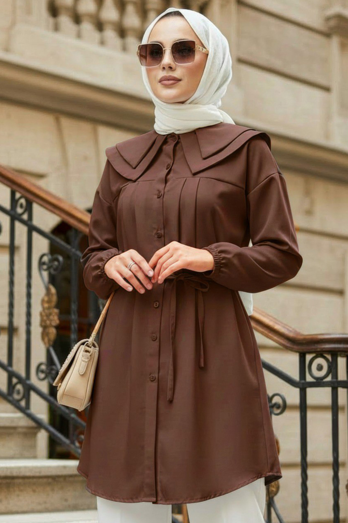 N.S NEVA STYLE  Düğmeli Kahverengi Tesettür Tunik 20228KH