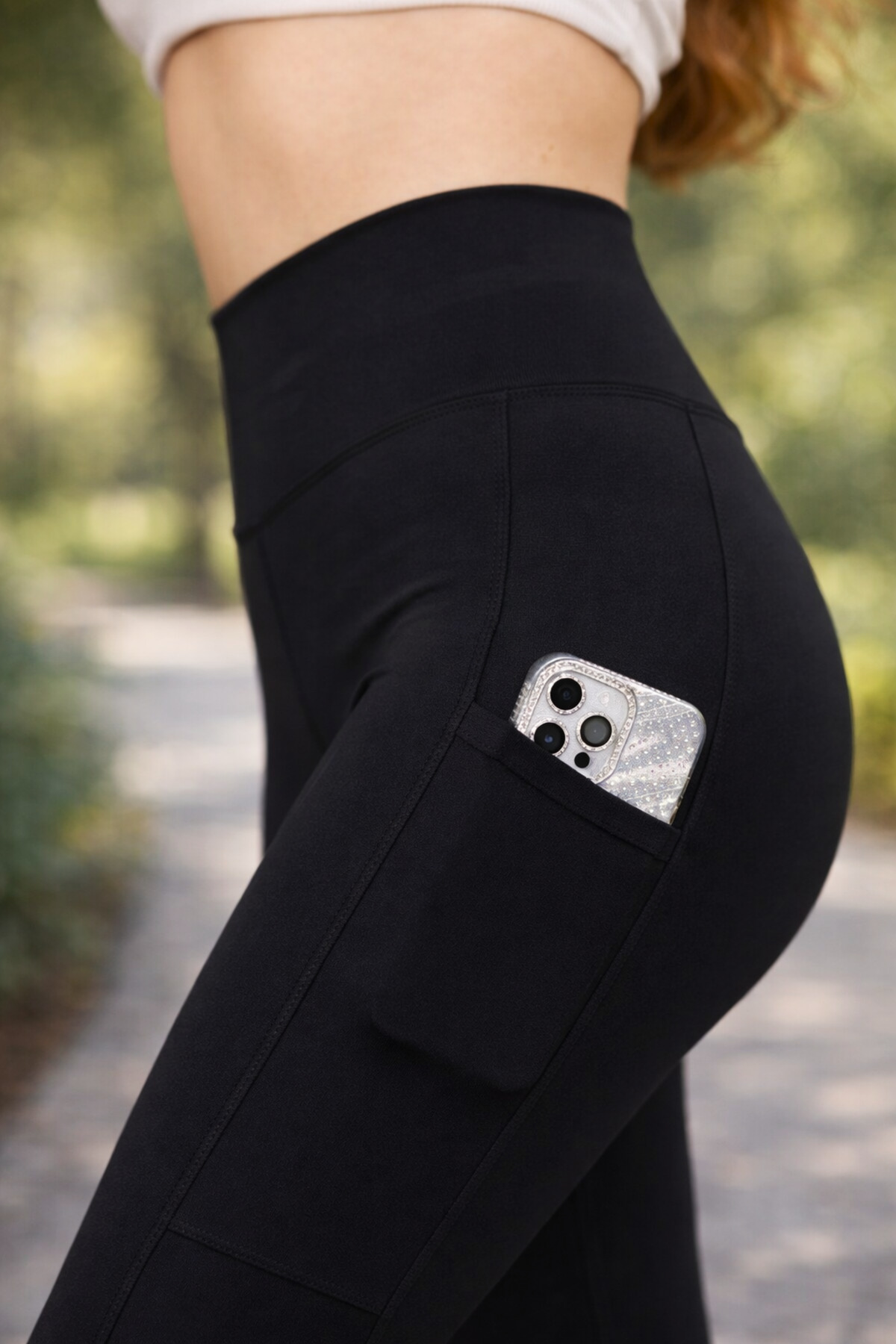 Women's Black Roll-Up Leggings High Waist, Pocket Detail, Sports and Daily Use