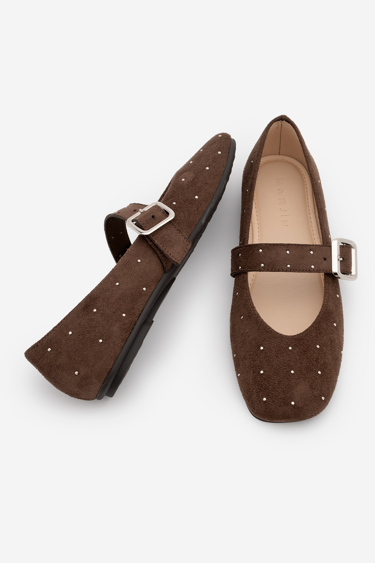 Marjin  Kadın Küt Burun Tokalı Zımbalı Babet Velona Kahve Süet - Görsel 8