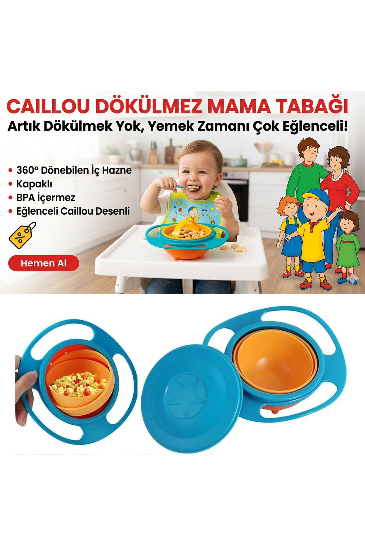 Caillou Dökülmeyen Mama Tabağı Evrensel 360 Derece Dönen Yemek Kabı ve Mama Kabı / Lisanslı Ürün fotoğrafı 5 (önizleme)