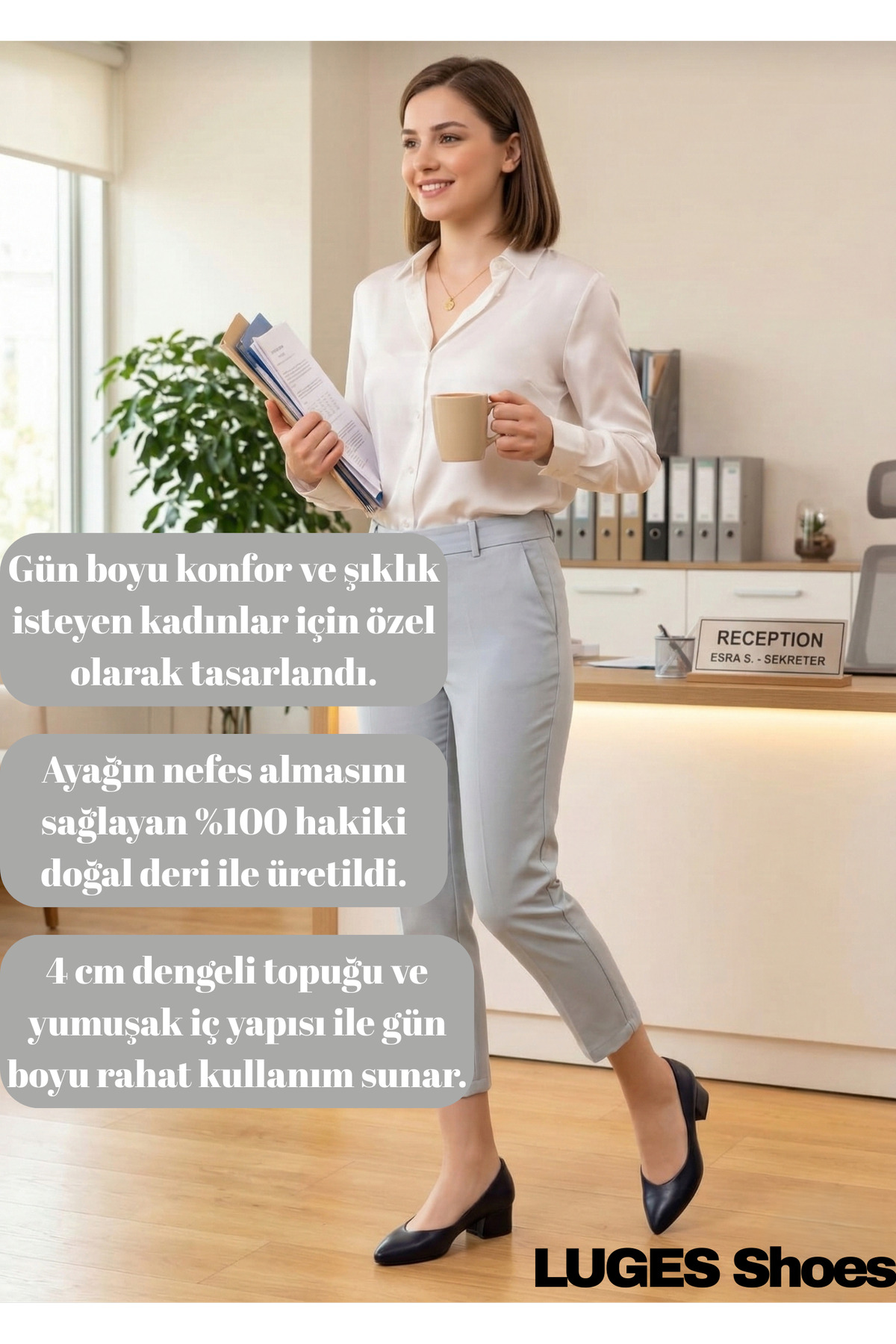 Luges Kadın Hakiki Deri Siyah Rahat Düşük Topuklu Sivri Burun Modern Ofis Memur Hostes Ayakkabısı görsel 5