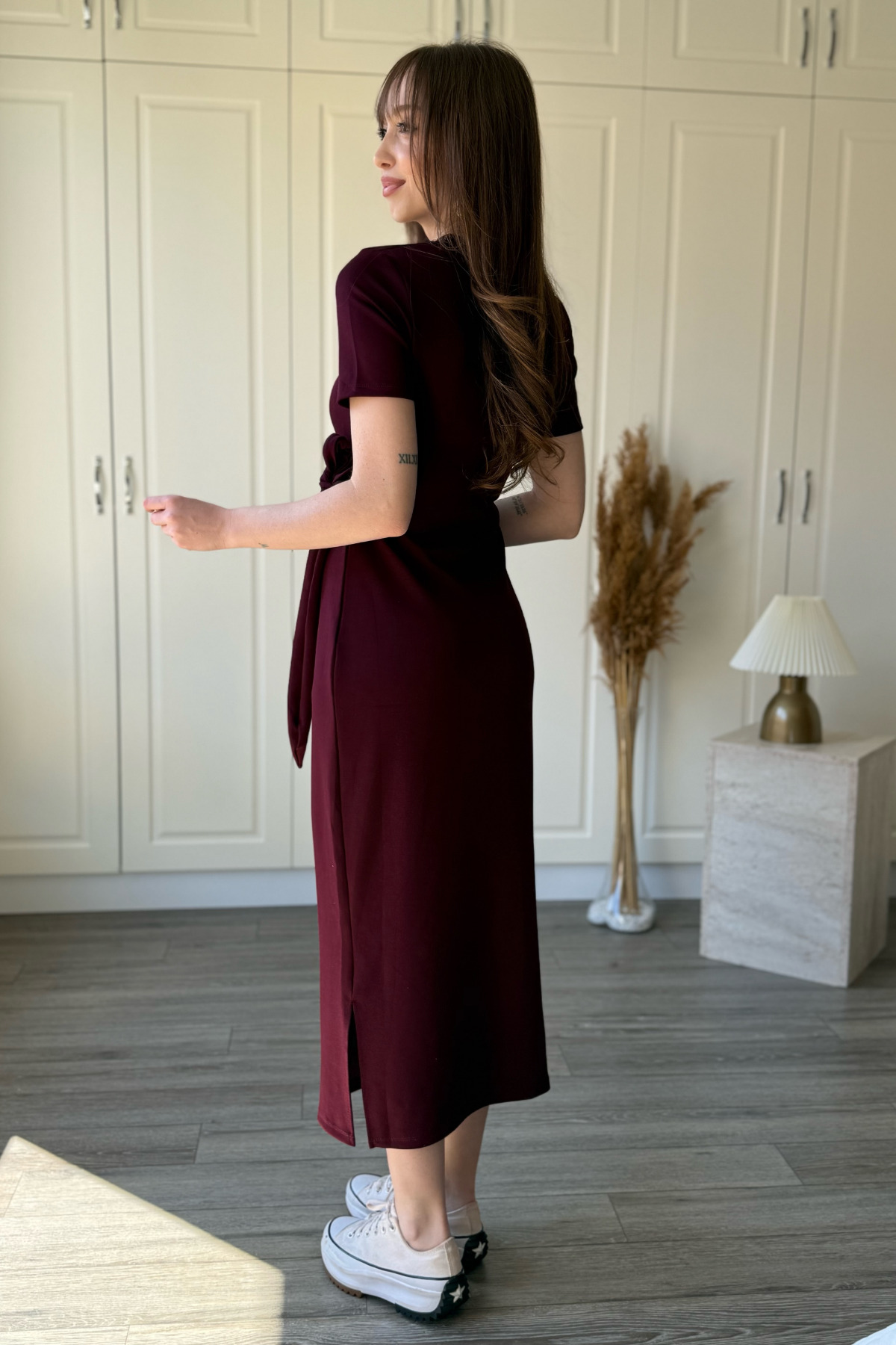 Dilay Gökoğlu Butik  Bağlamalı Bordo Midi Modal Elbise - Görsel 4