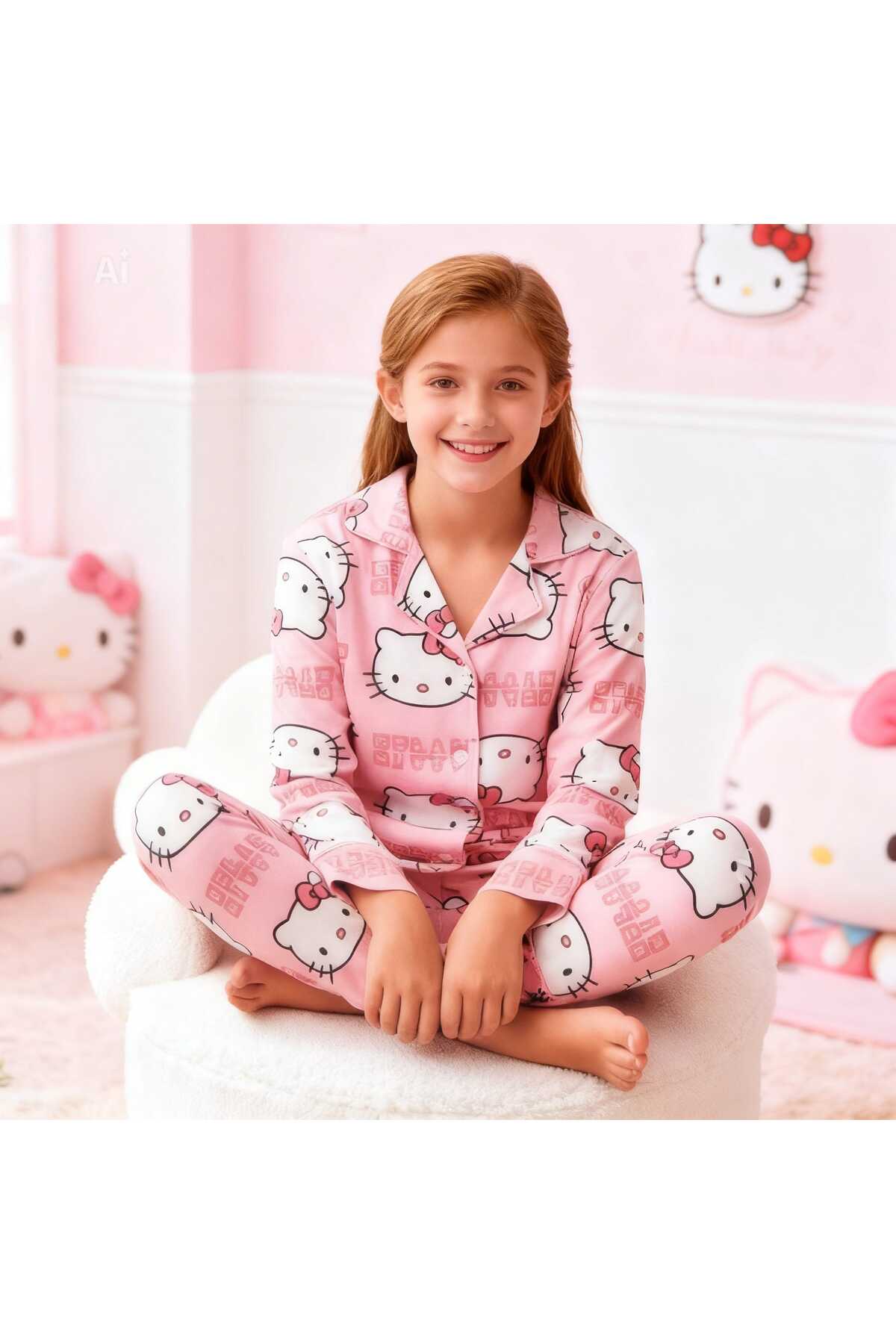 NiCe İç Giyim Hello Kitty Temalı İnce Milan Kumaş Pembe Gömlek Baharlık Kız Çocuk Pijama Takım fotoğrafı 2 (önizleme)