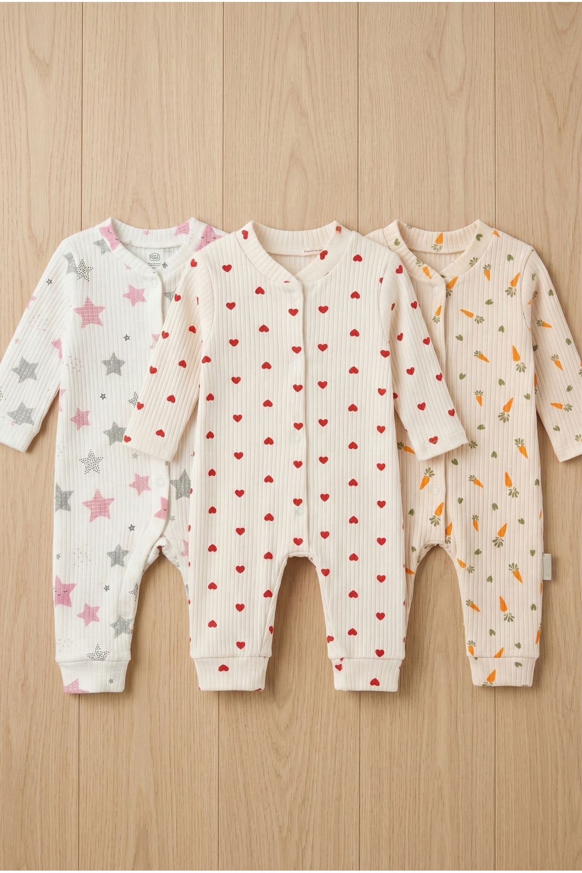 Noone 3'lü Uzun Kollu Patikli Bebek Uyku Tulumu Seti - Kalp Desenli Çıtçıtlı Fitilli Pijama fotoğrafı 2 (önizleme)