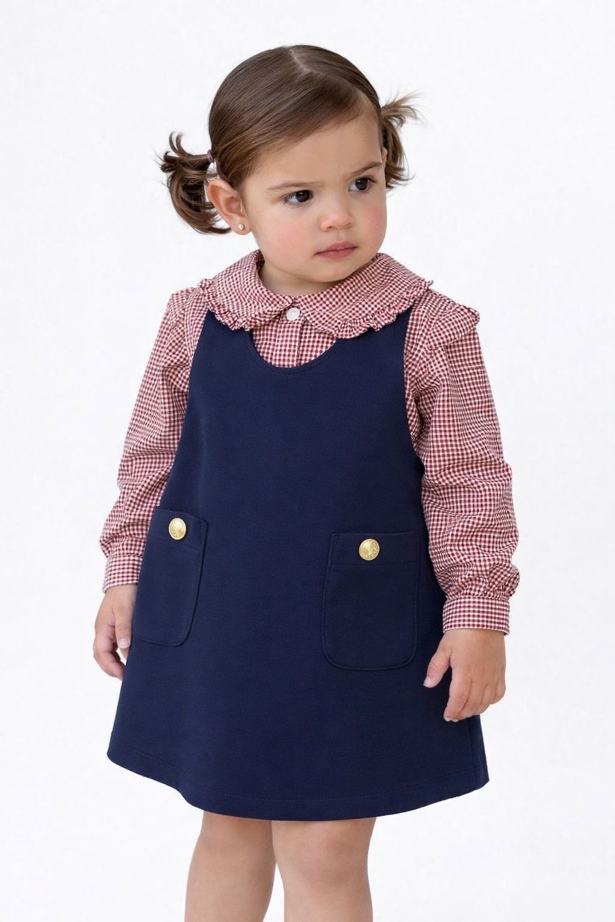 Minoviababykids Kız Çocuk Pitikare Gömlekli Jile Elbise Takım Fırfır Yaka Cepli fotoğrafı 2 (önizleme)