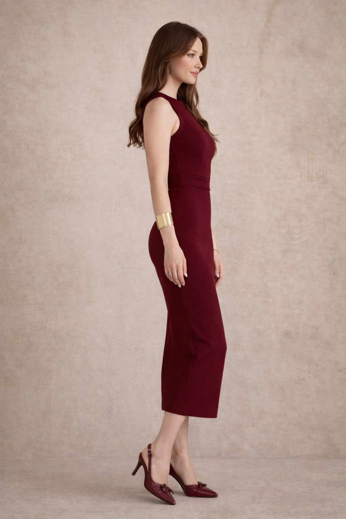 LACASE  Drapeli Midi Bordo Elbise - Görsel 2